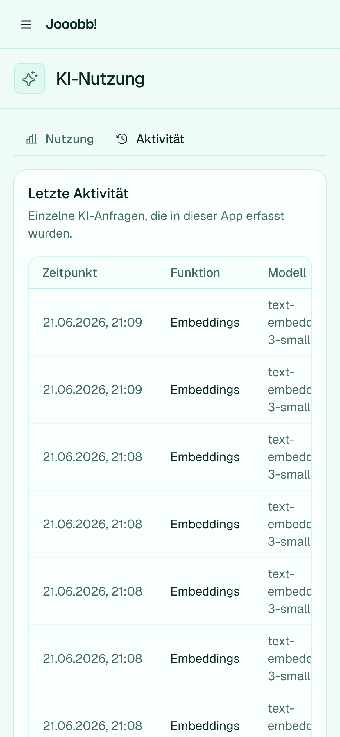 KI-Aktivitätslog mit Operationstypen und Status