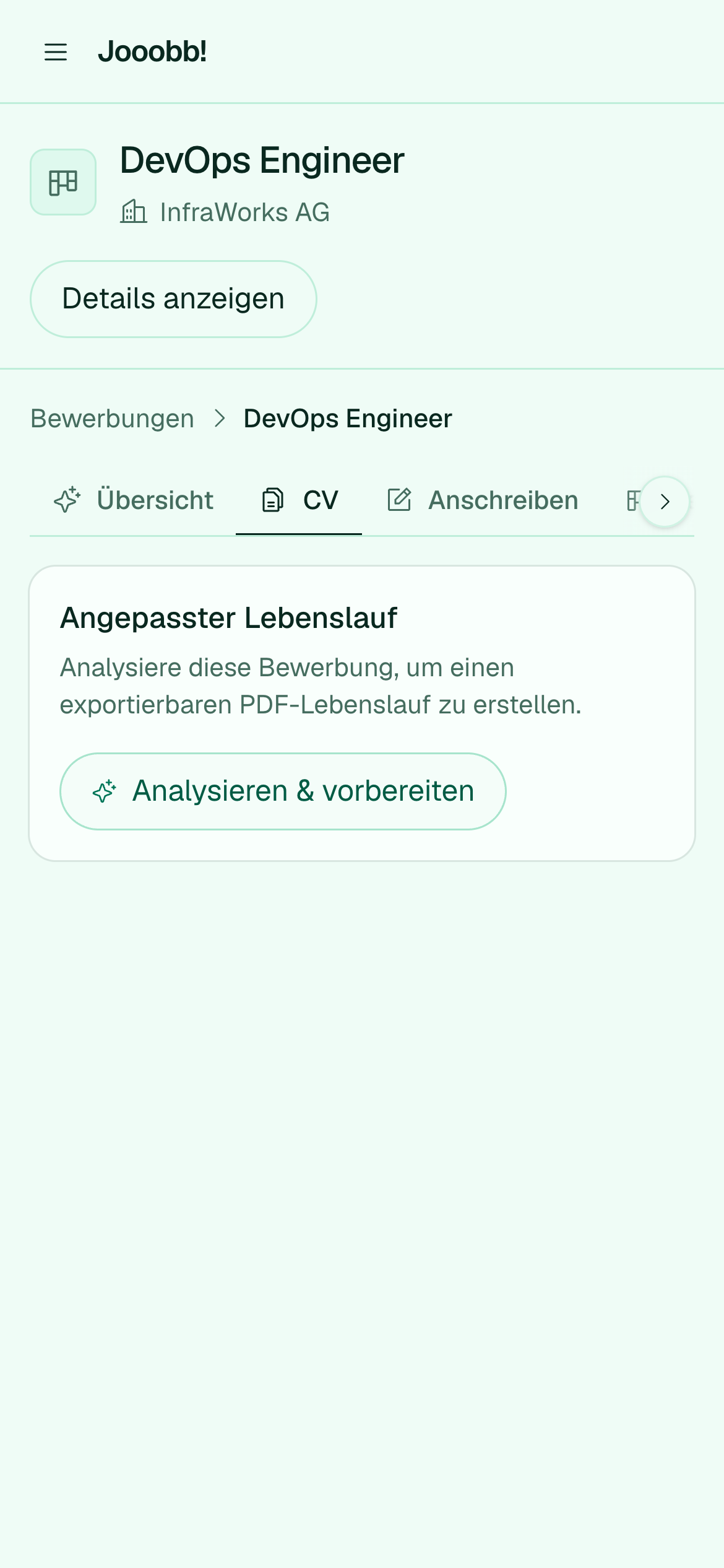 CV-Tab einer Bewerbung