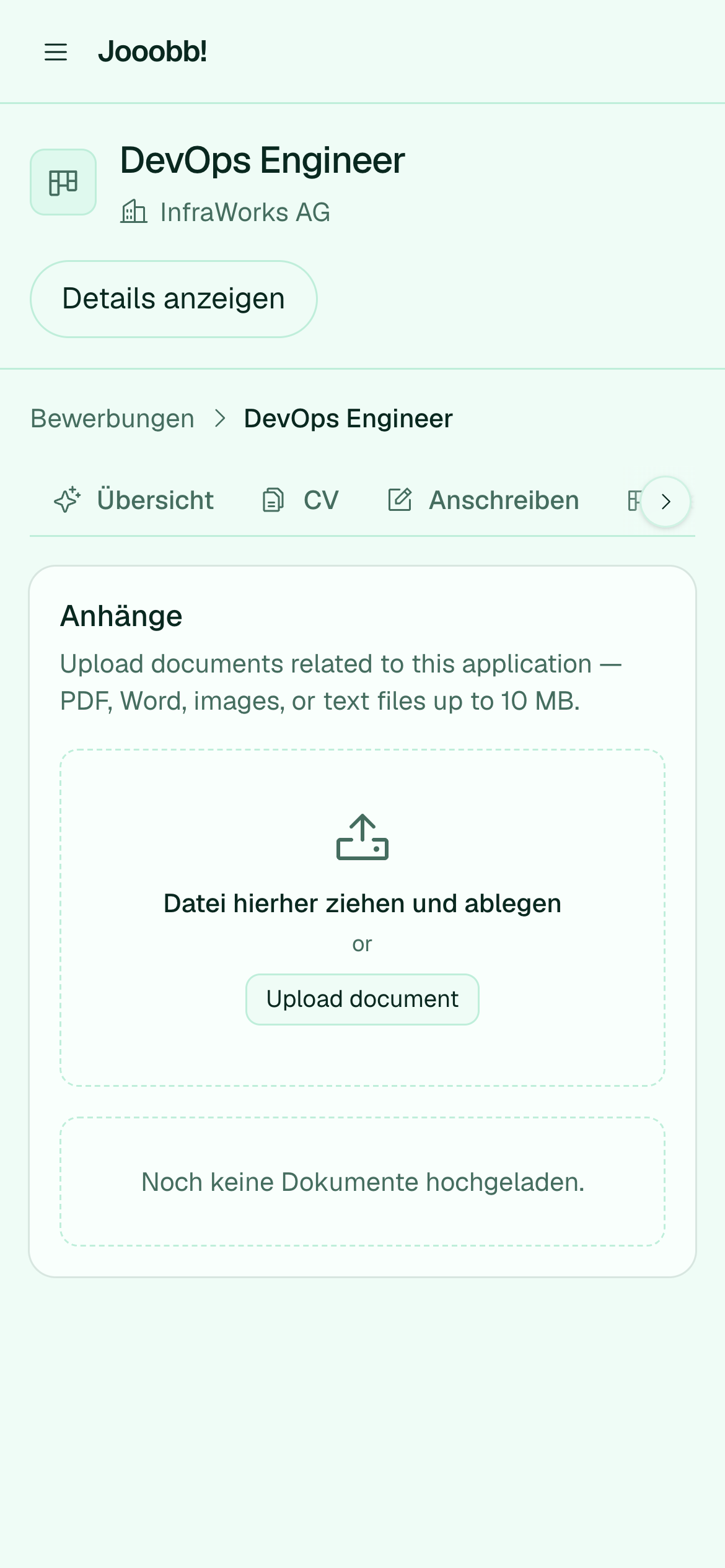 Dokumenten-Tab mit KI-Analyse einer Bewerbung
