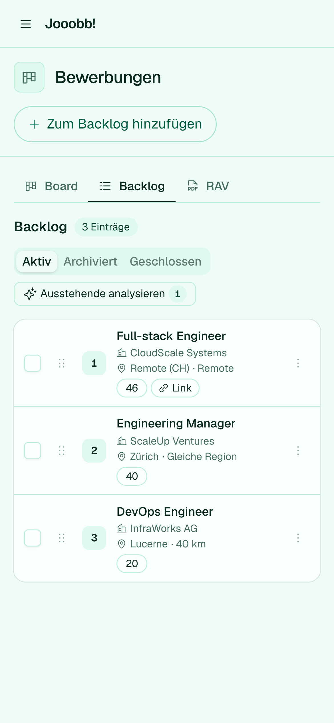 Aktives Backlog anstehender Bewerbungen