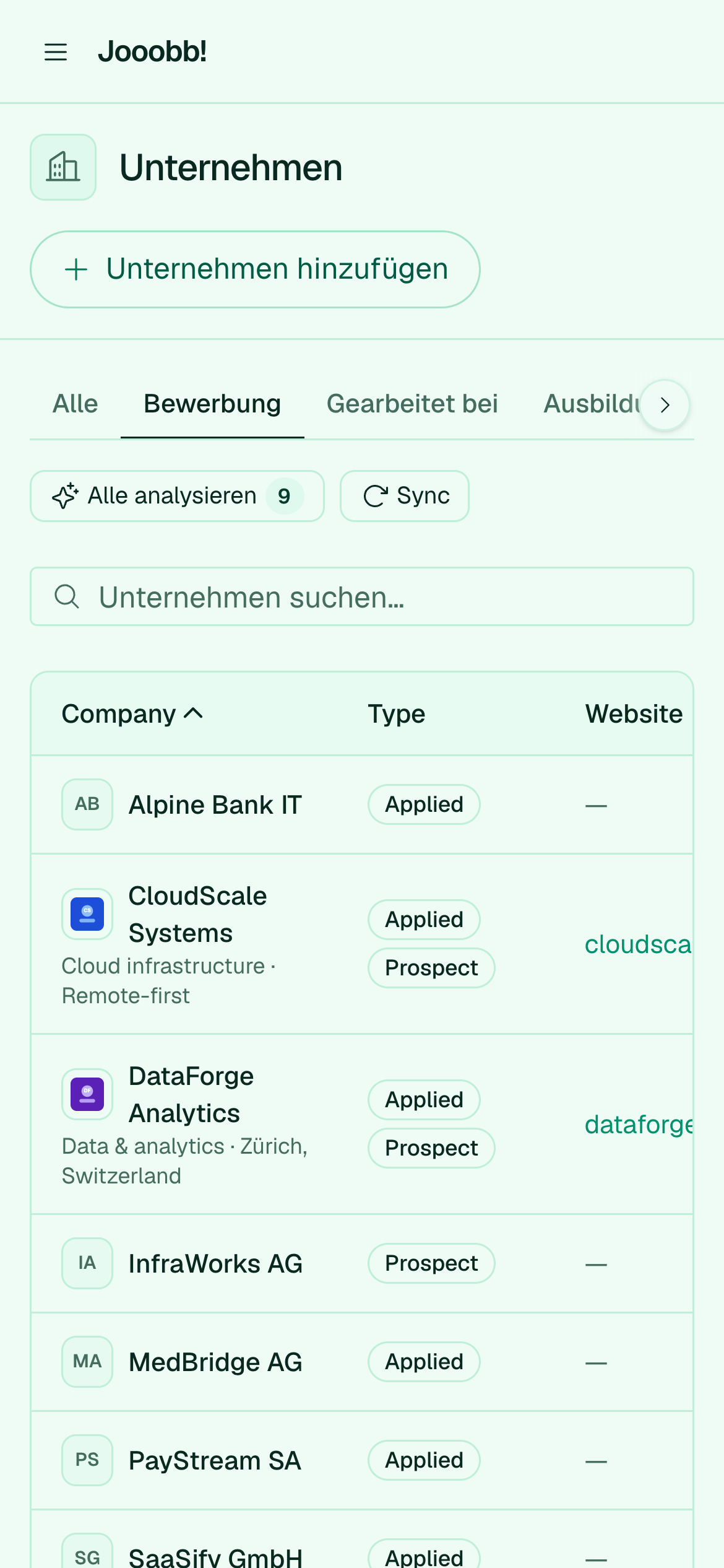 Unternehmen mit aktiven Bewerbungen