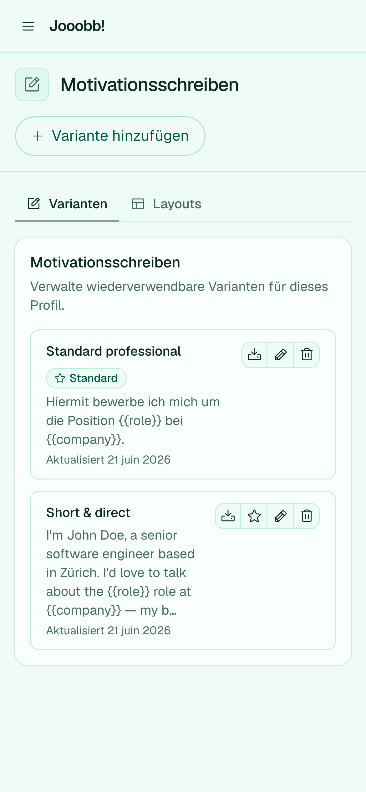 Wiederverwendbare Anschreiben-Varianten