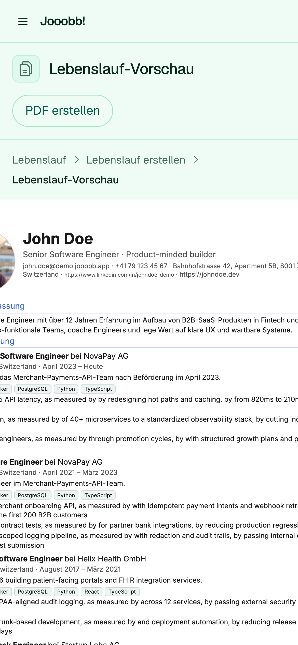 Vorschau eines generierten CVs vor dem Speichern