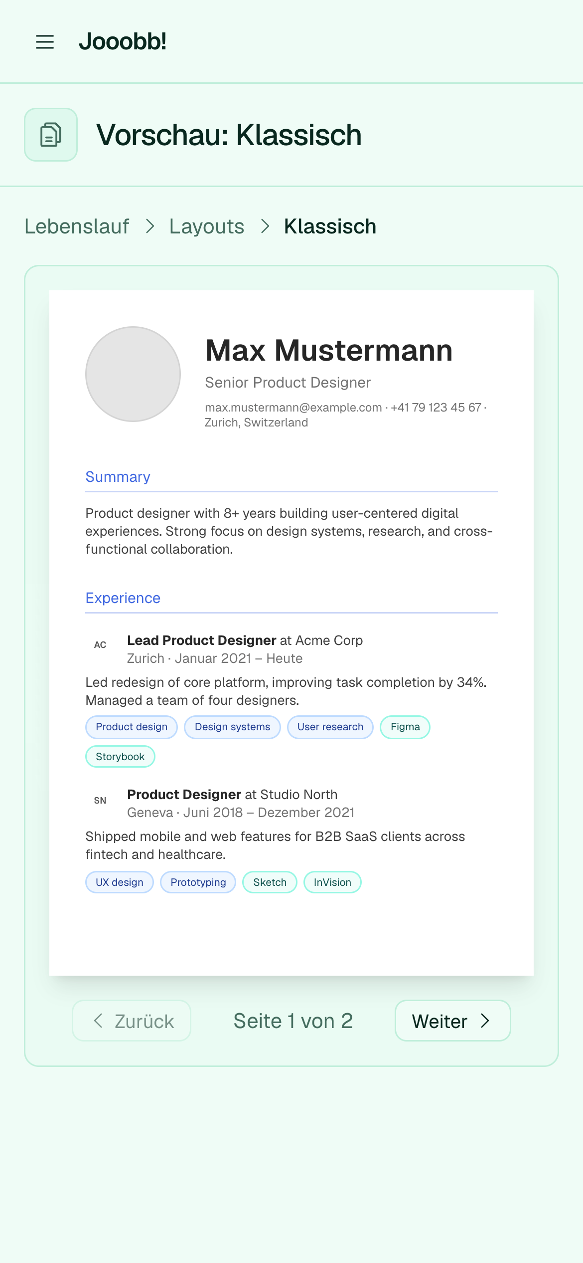 Vorschau des Classic-CV-Layouts