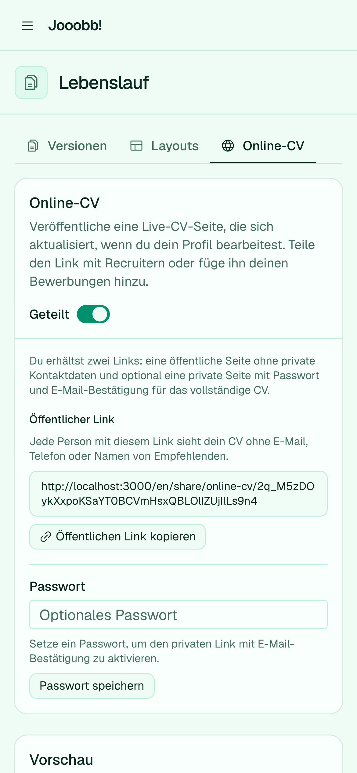 Online-CV-Einstellungen und Vorschau-Links