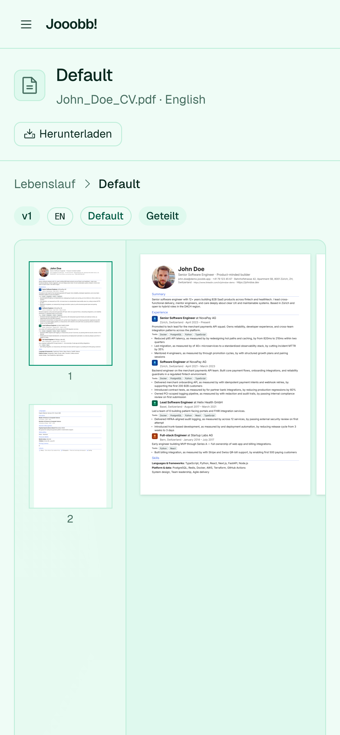 Vorschau einer gespeicherten CV-Version