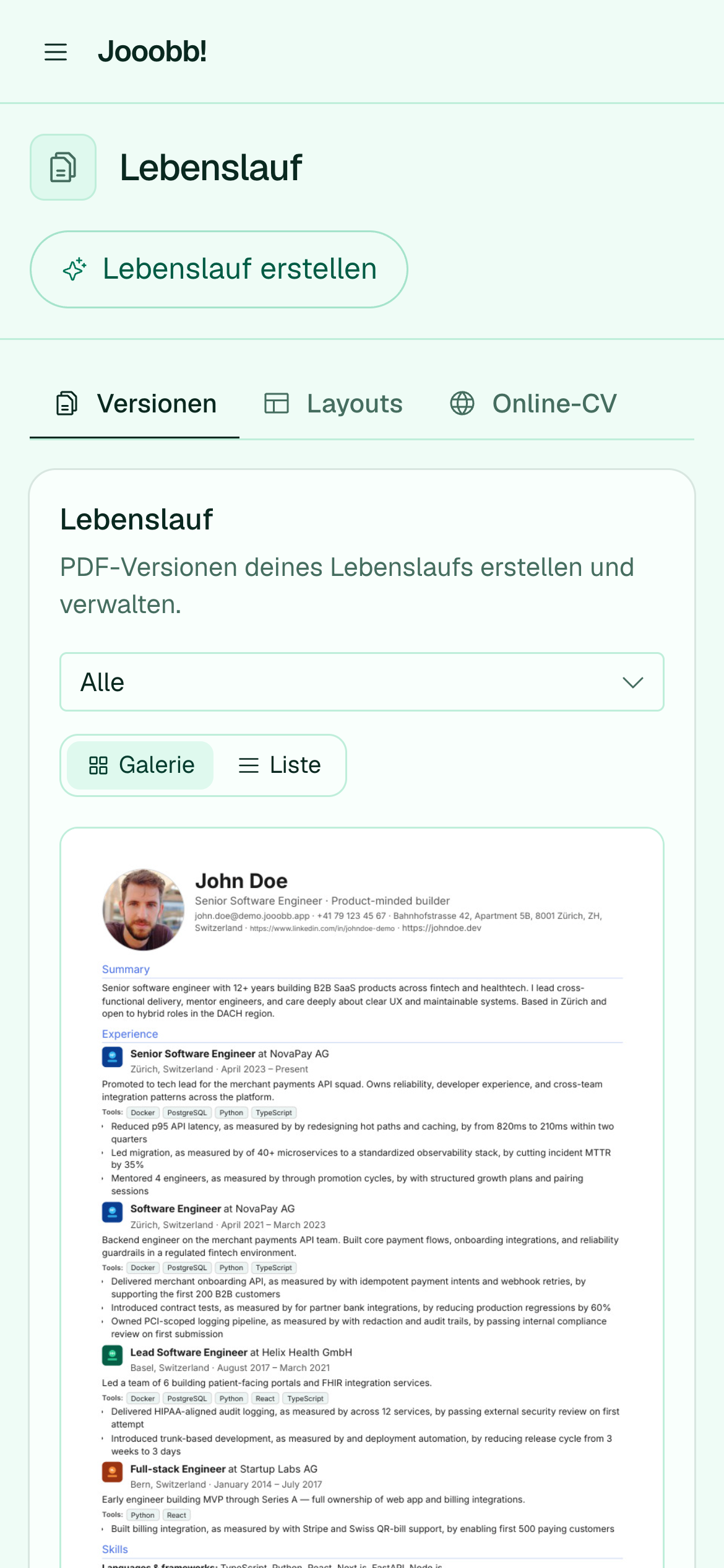 Gespeicherte generierte CV-Versionen