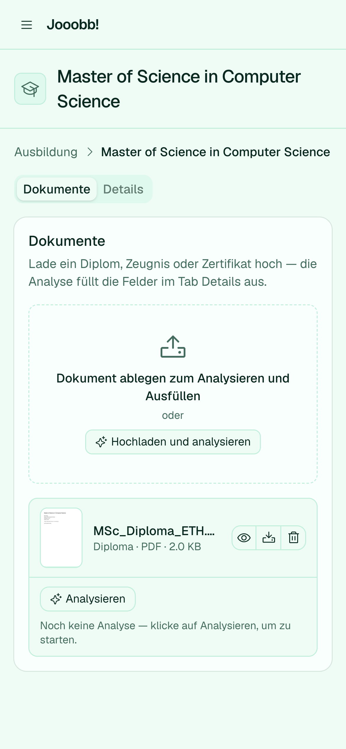 Bildungseintrag-Editor mit Details und Dokumenten