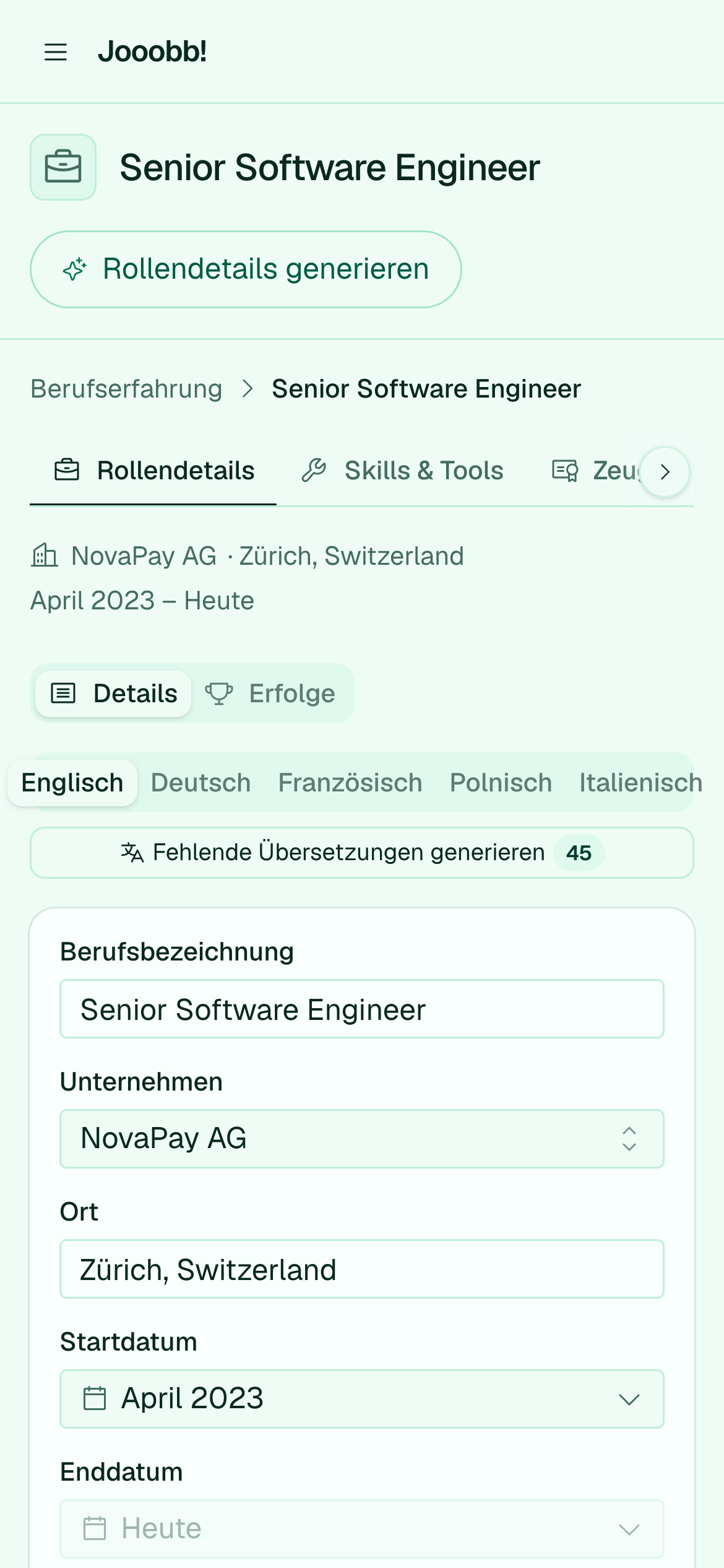 Bearbeitung der Rollendetails einer Berufserfahrung