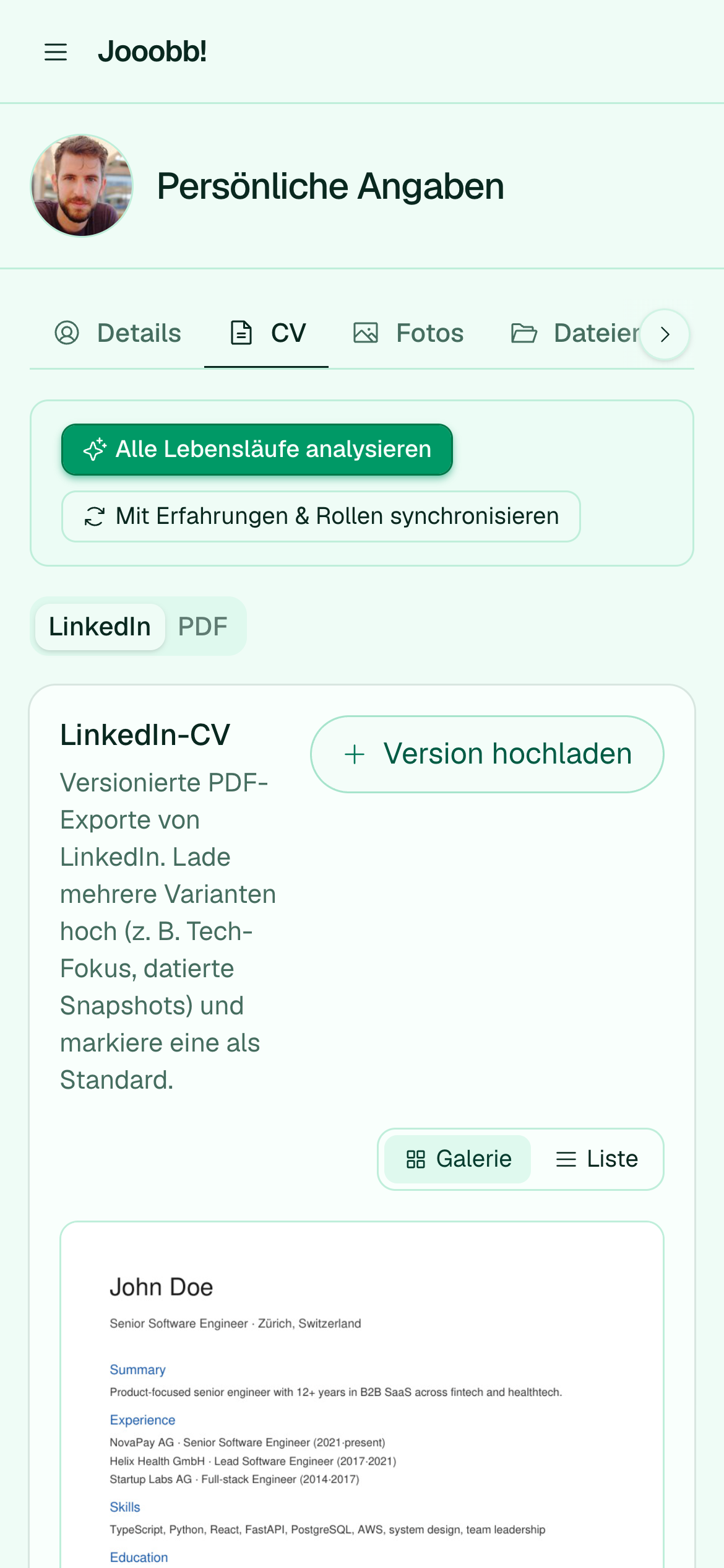 LinkedIn-CV-Import und öffentliche Link-Analyse im Profil-CV-Tab