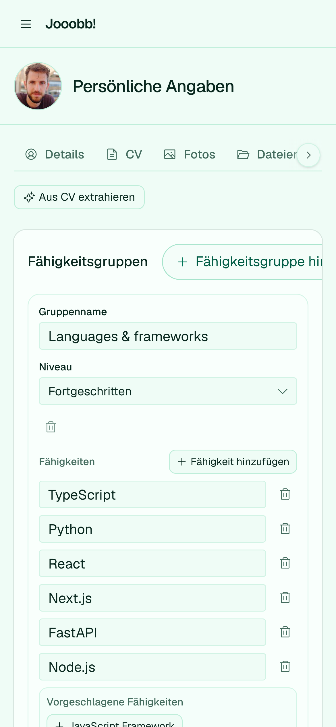 Skill-Sets auf der Seite Persönliche Angaben