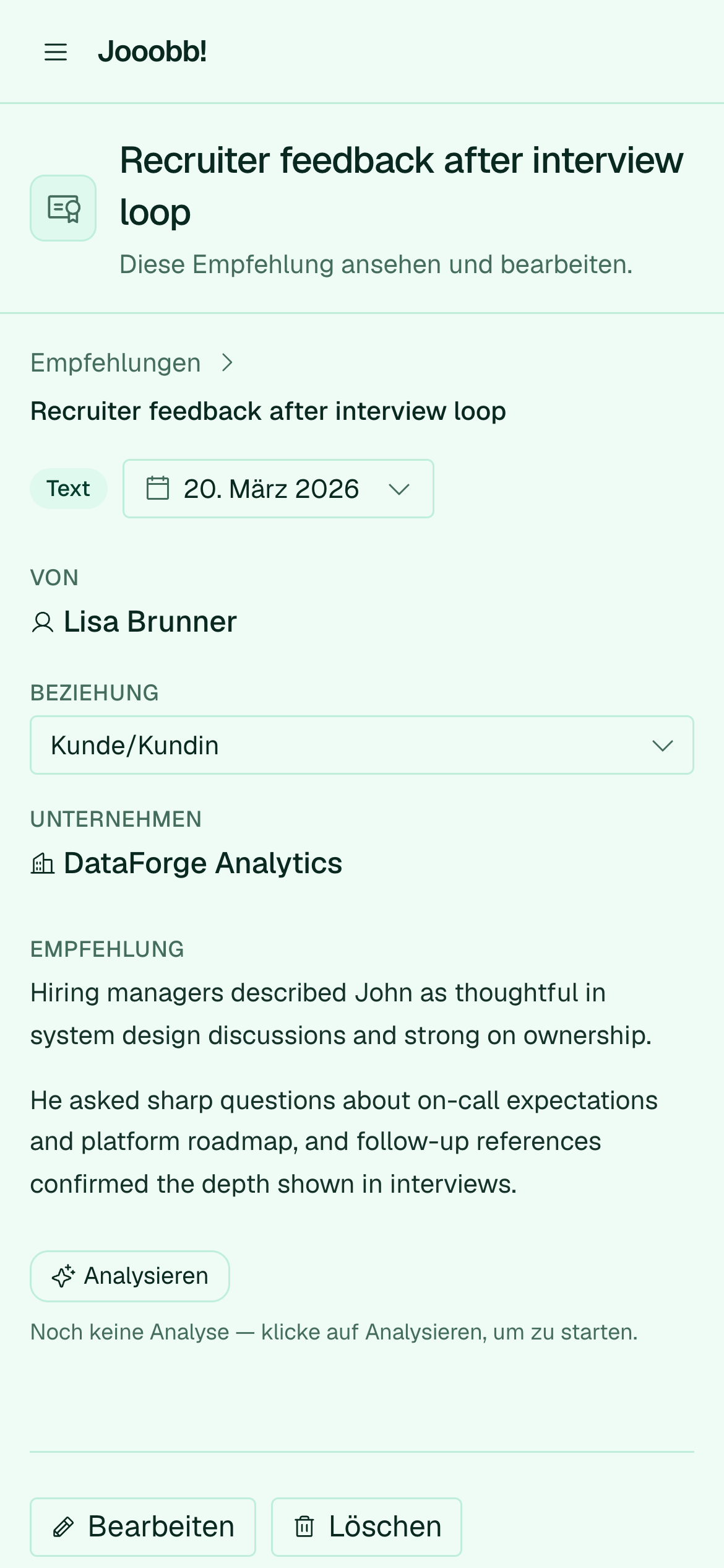 Empfehlungsdetail mit vollem Brieftext