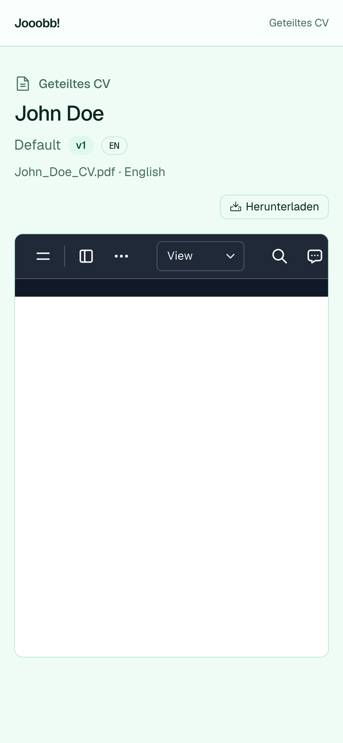 Öffentliche CV-PDF-Share-Seite mit Vorschau und Download