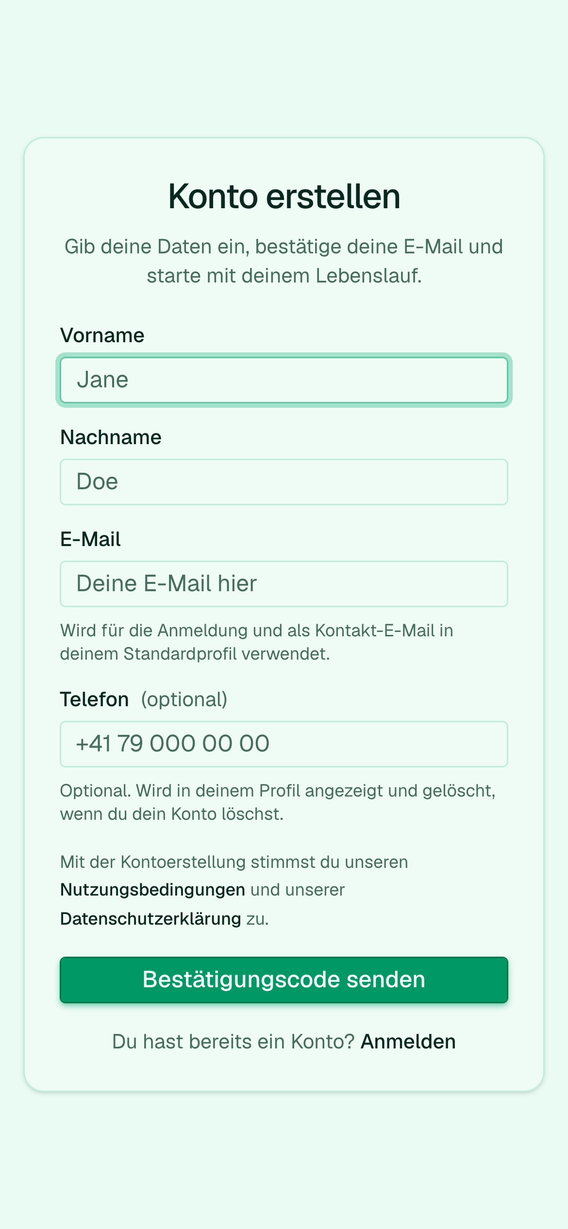 Registrierungsseite mit E-Mail-Verifizierung