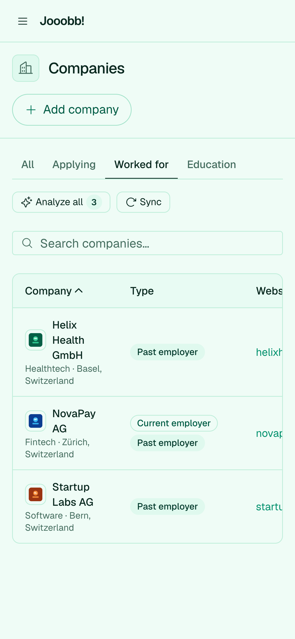Companies linked from work experience
