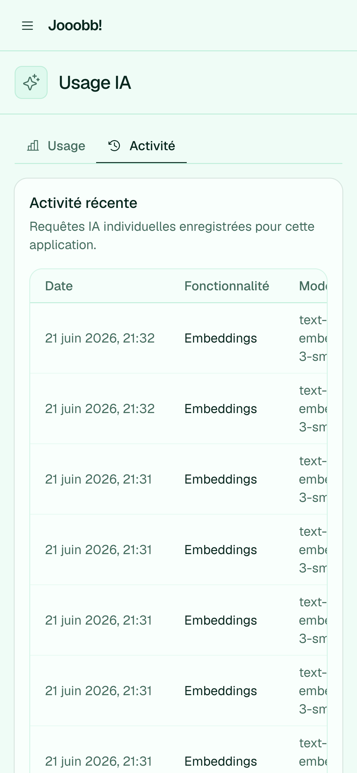 Journal d'activité IA avec types d'opération et statut