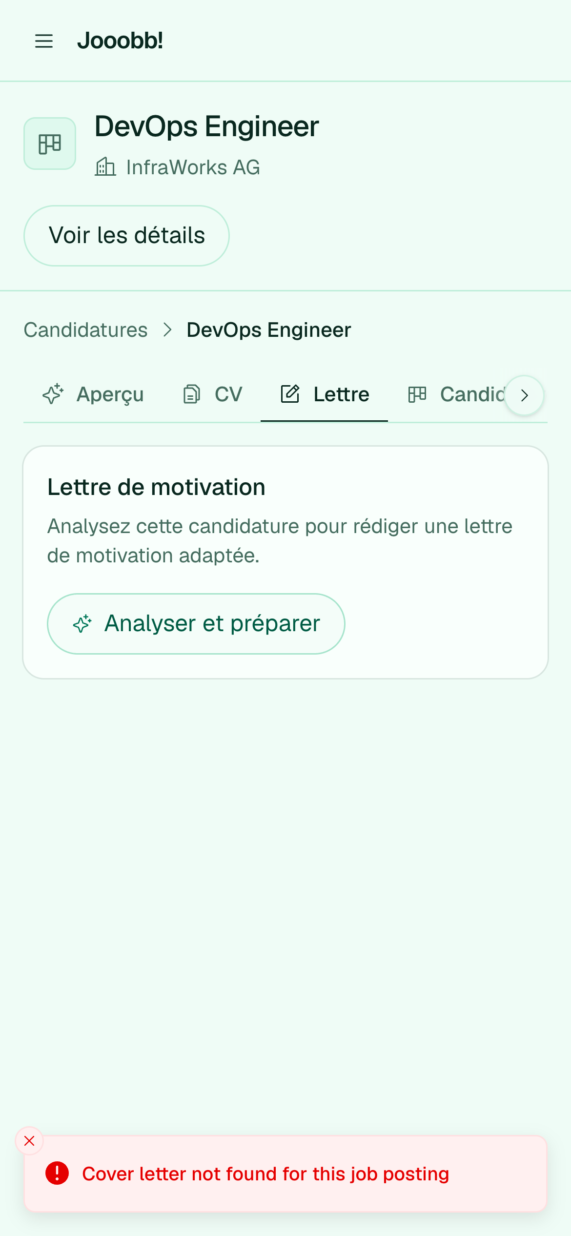 Génération de lettre de motivation sur une candidature