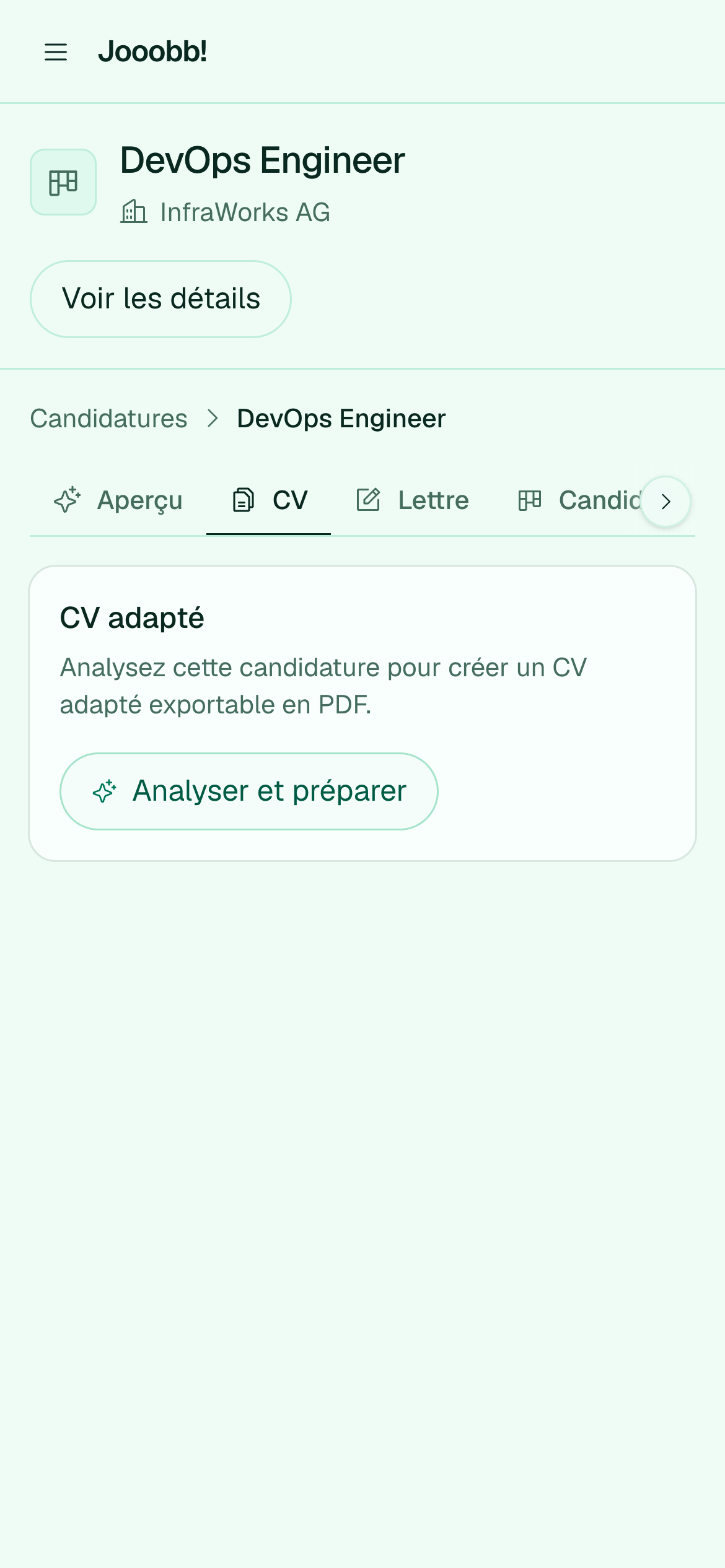Onglet CV d'une candidature