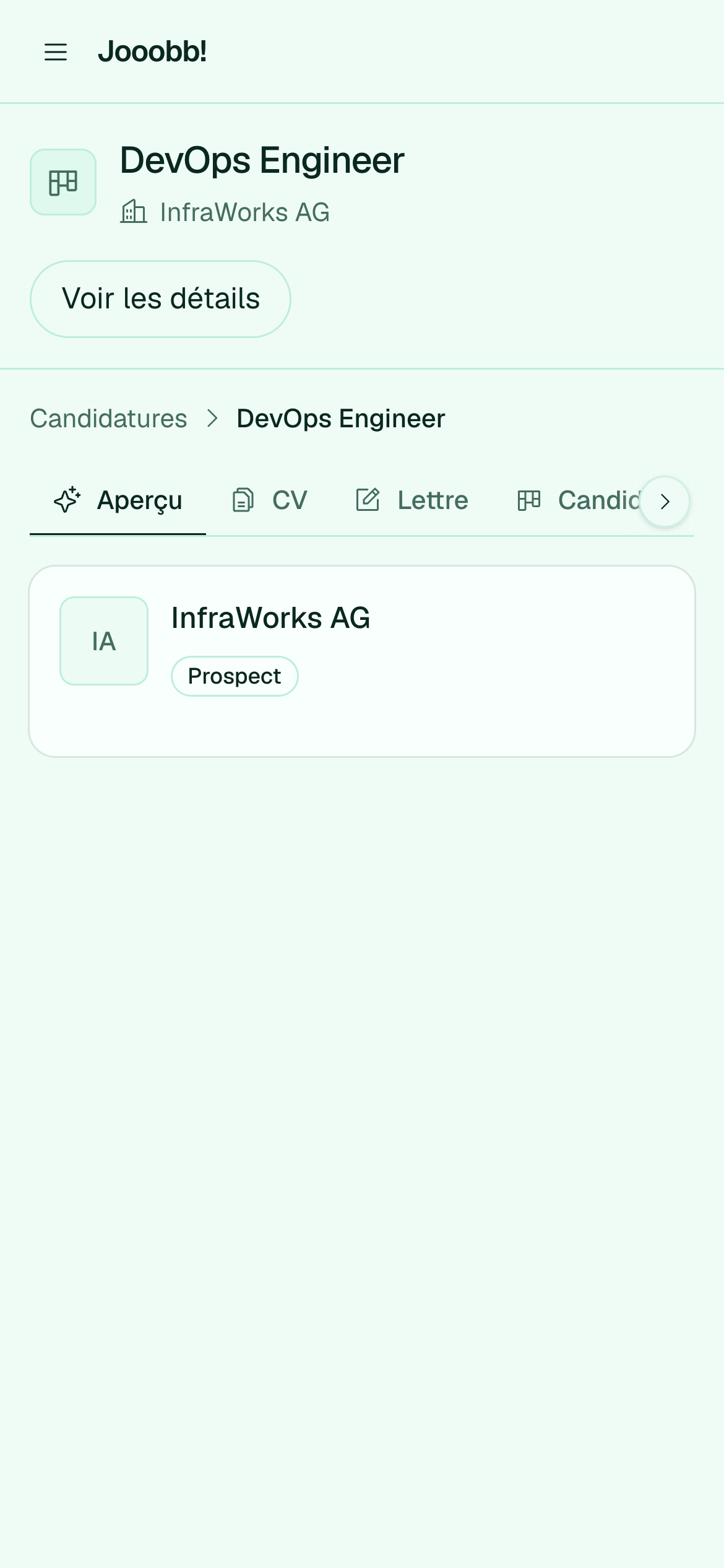 Aperçu candidature avec statut et contacts
