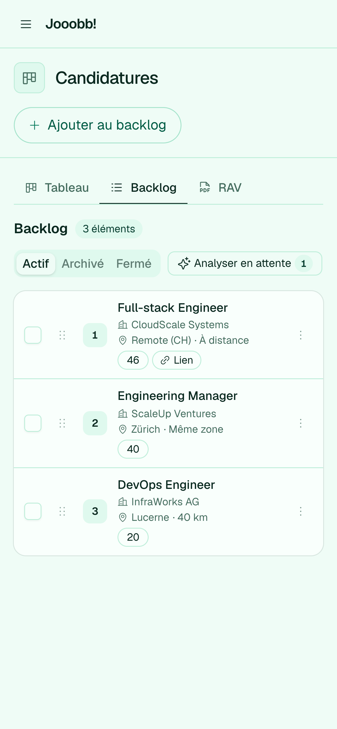 Backlog actif des candidatures à venir