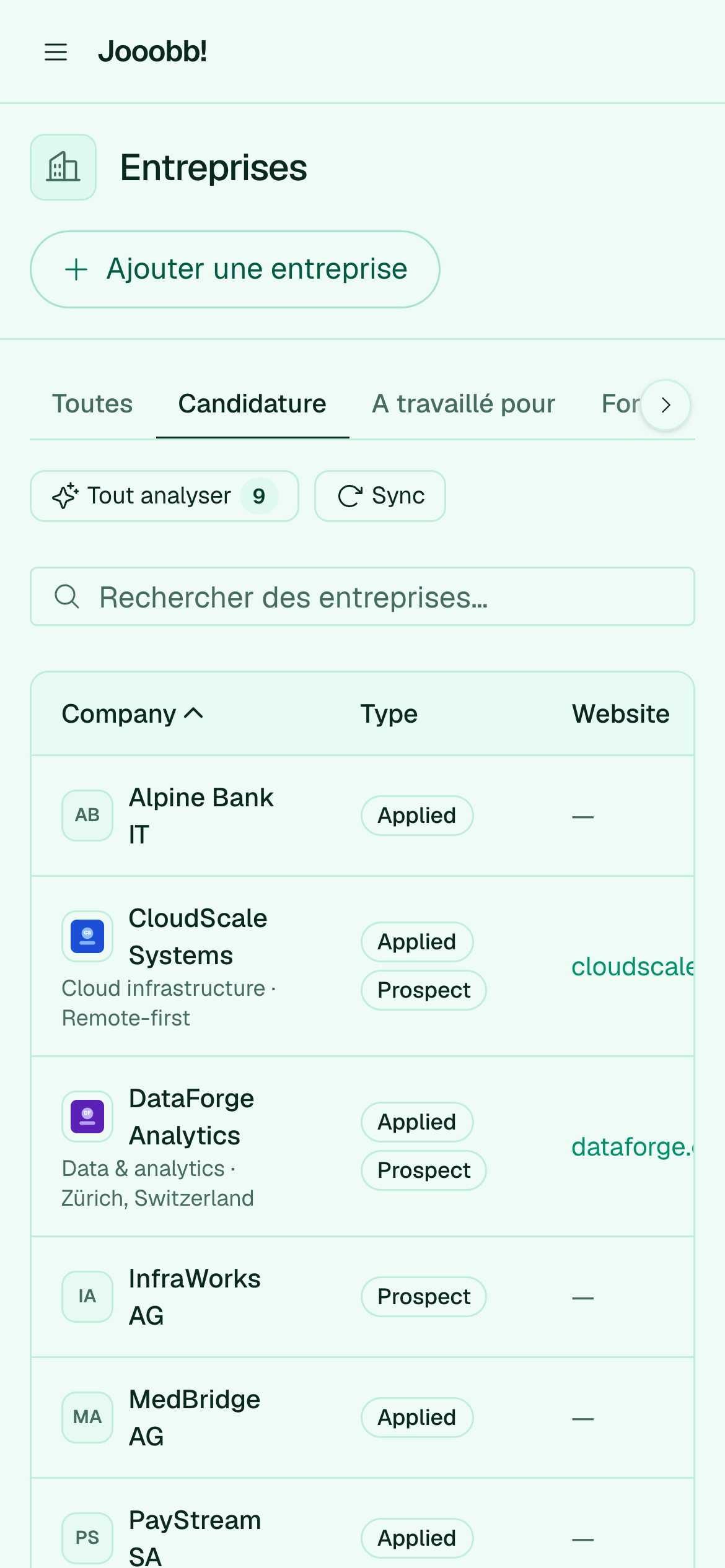 Entreprises avec candidatures actives