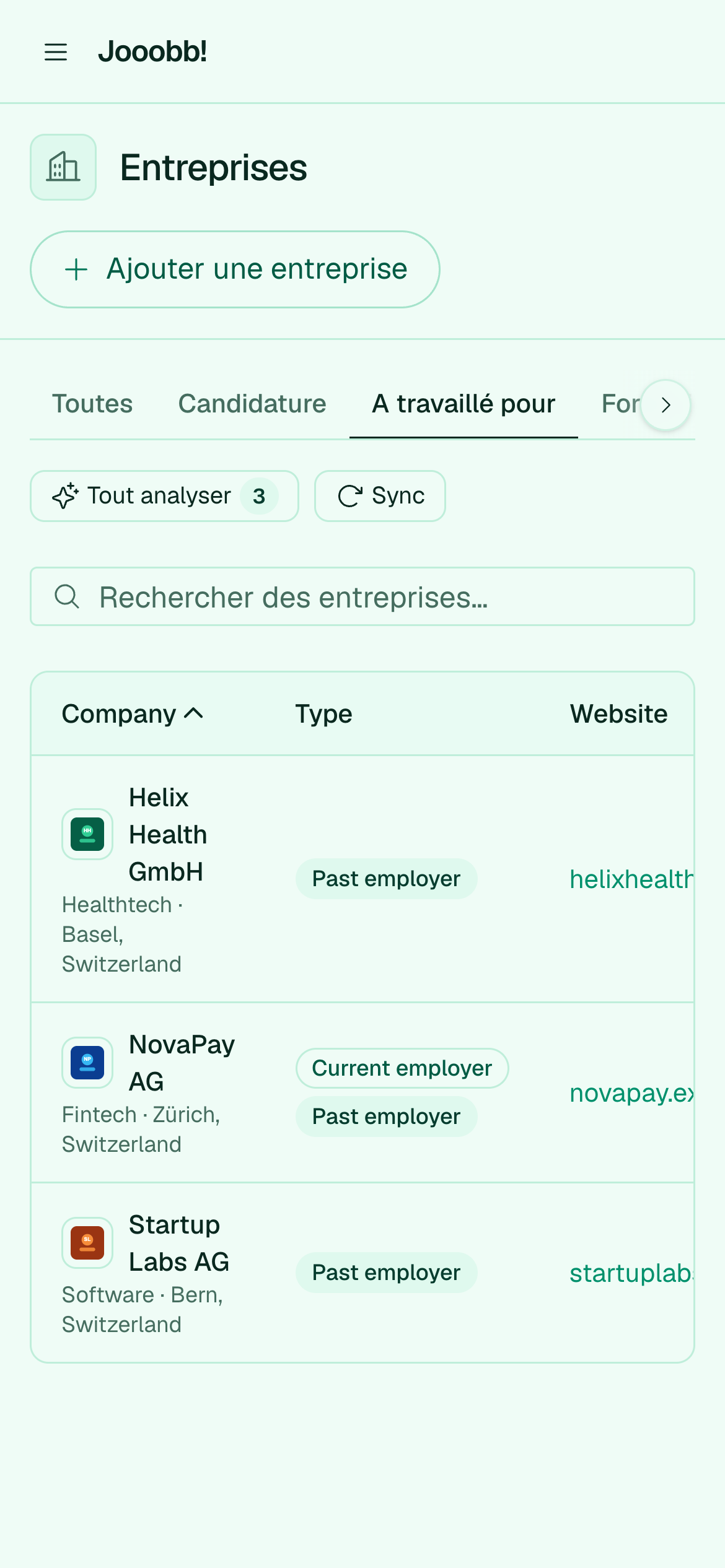Entreprises liées depuis l'expérience professionnelle