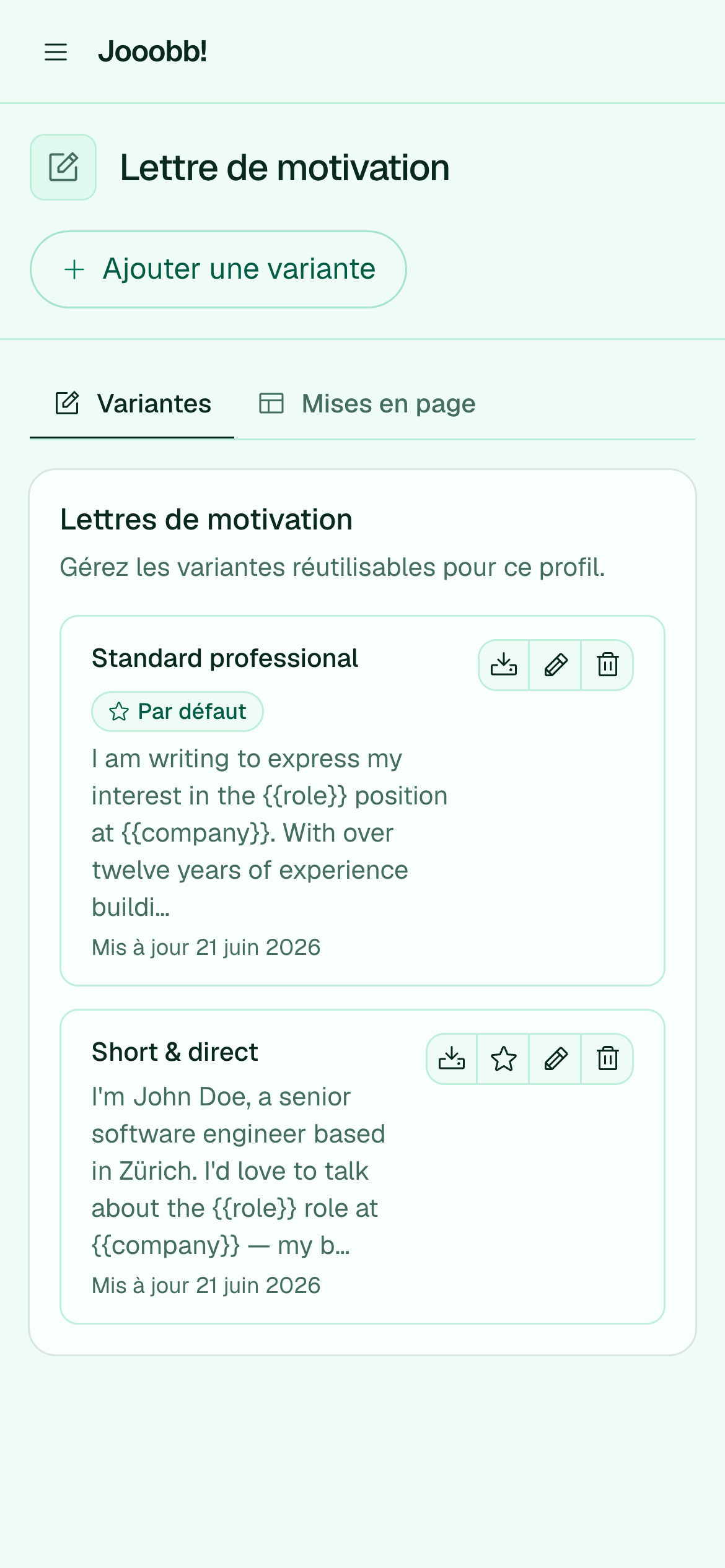 Variantes de lettres de motivation réutilisables