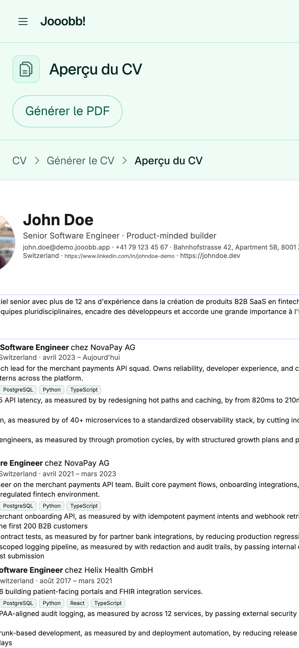 Aperçu d'un CV généré avant enregistrement
