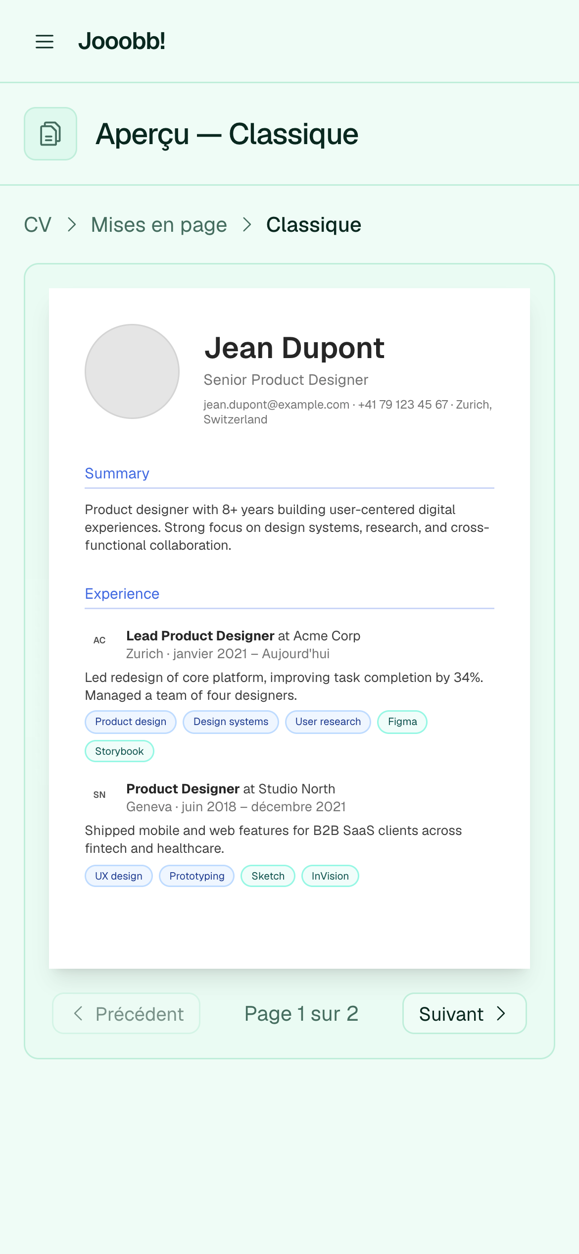 Aperçu du layout CV Classic