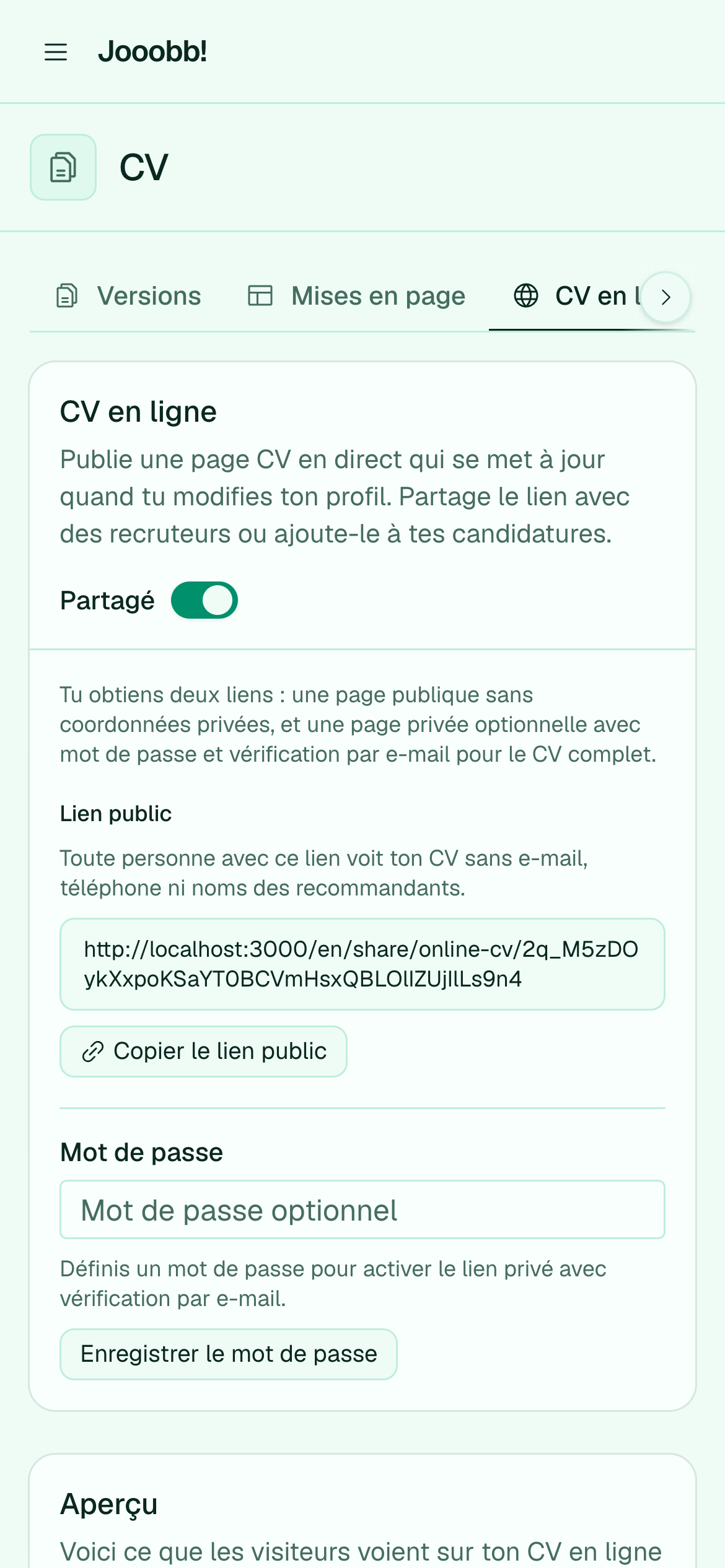 Réglages du CV en ligne et liens de prévisualisation