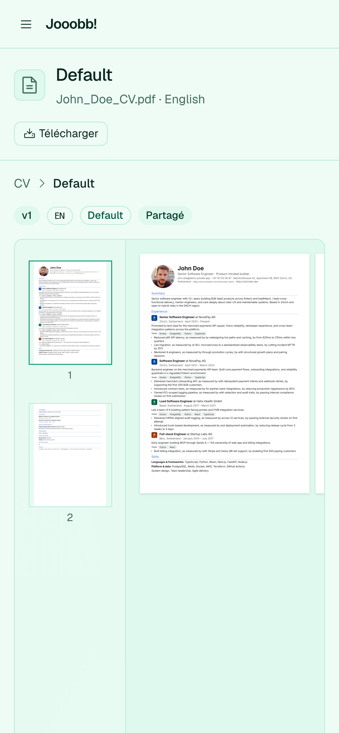 Aperçu d'une version de CV enregistrée