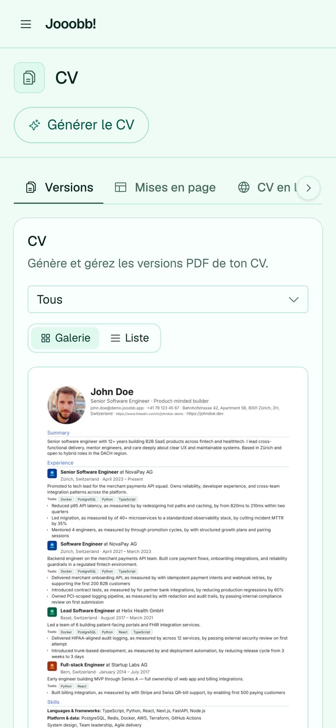 Versions de CV générées enregistrées
