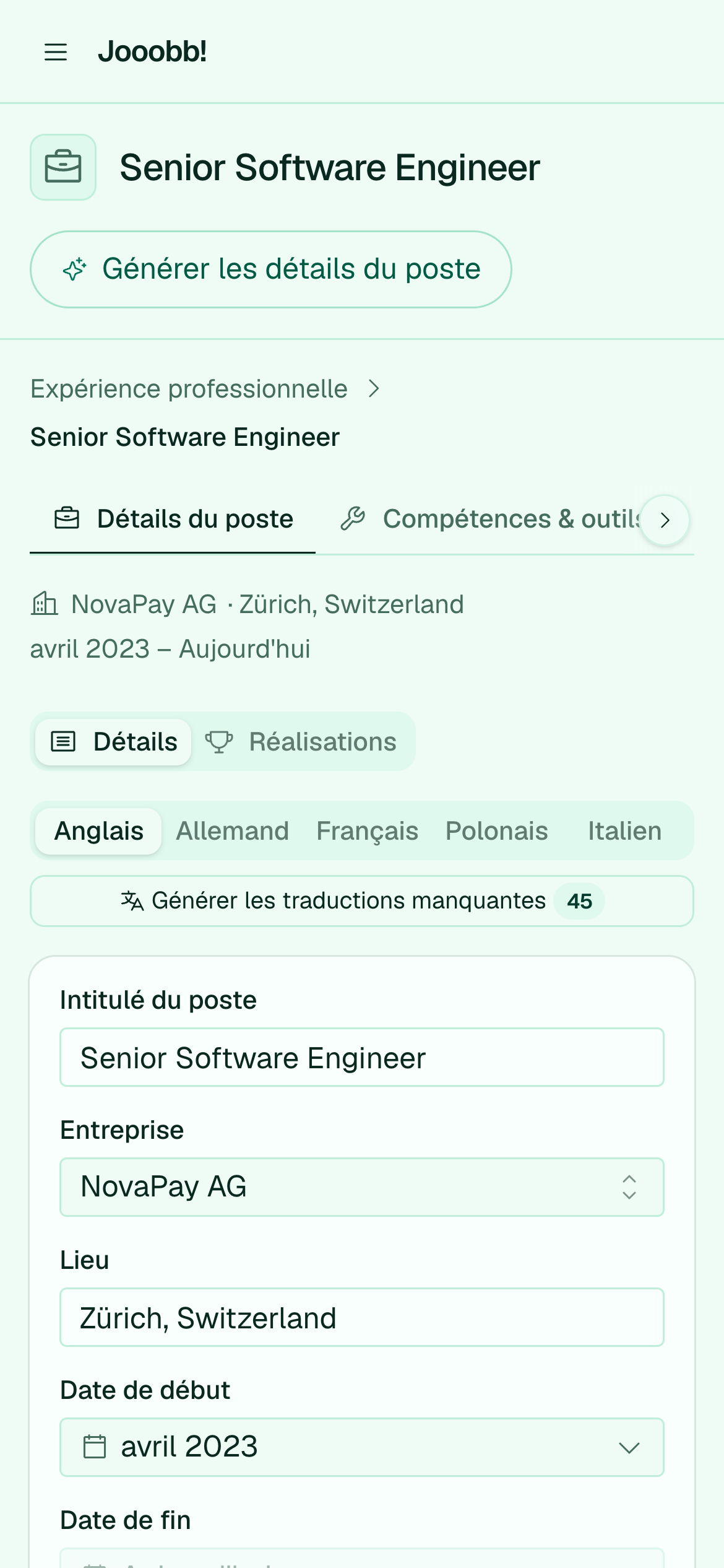 Édition des détails de rôle d'une expérience professionnelle