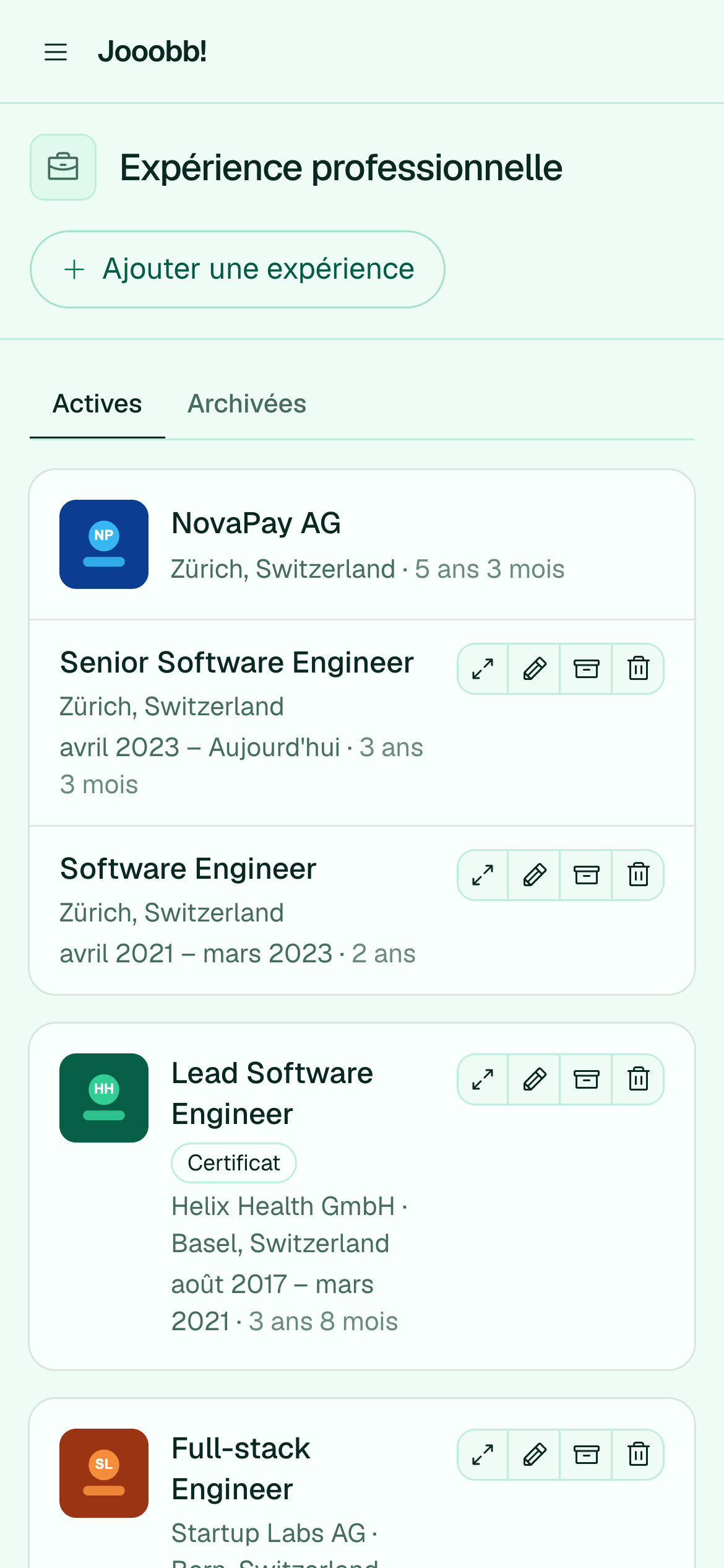 Liste des expériences professionnelles actives dans Jooobb!