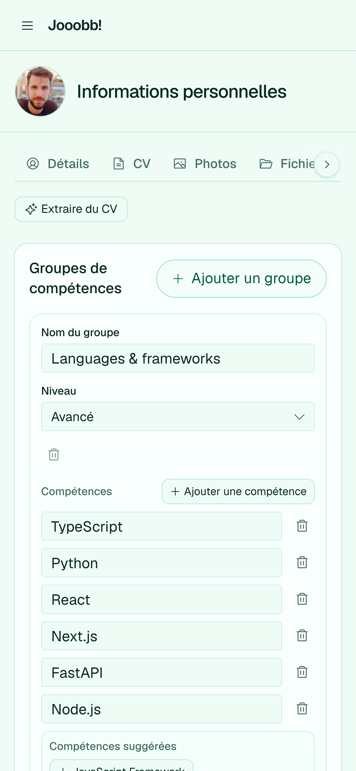 Ensembles de compétences sur la page informations personnelles