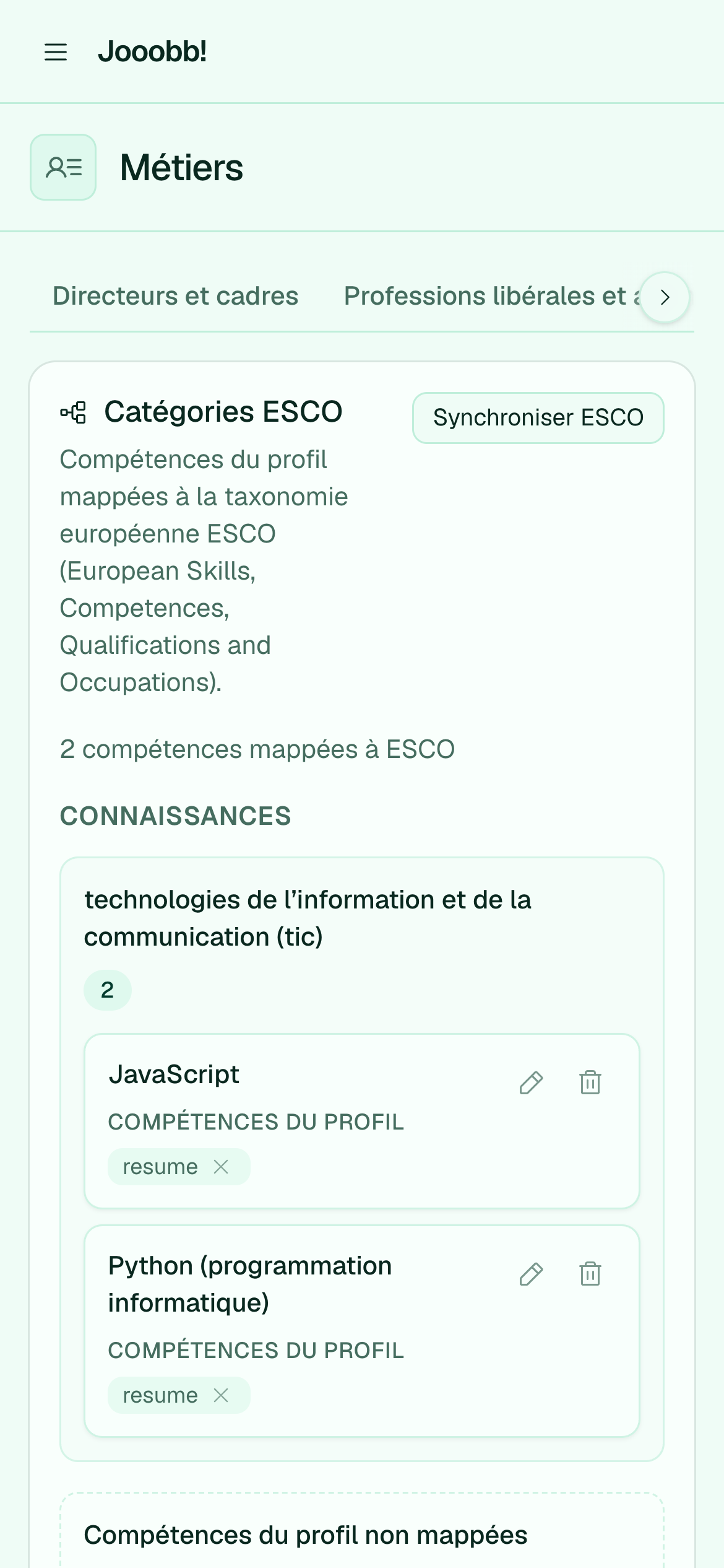 Recherche et attachement de métiers ESCO