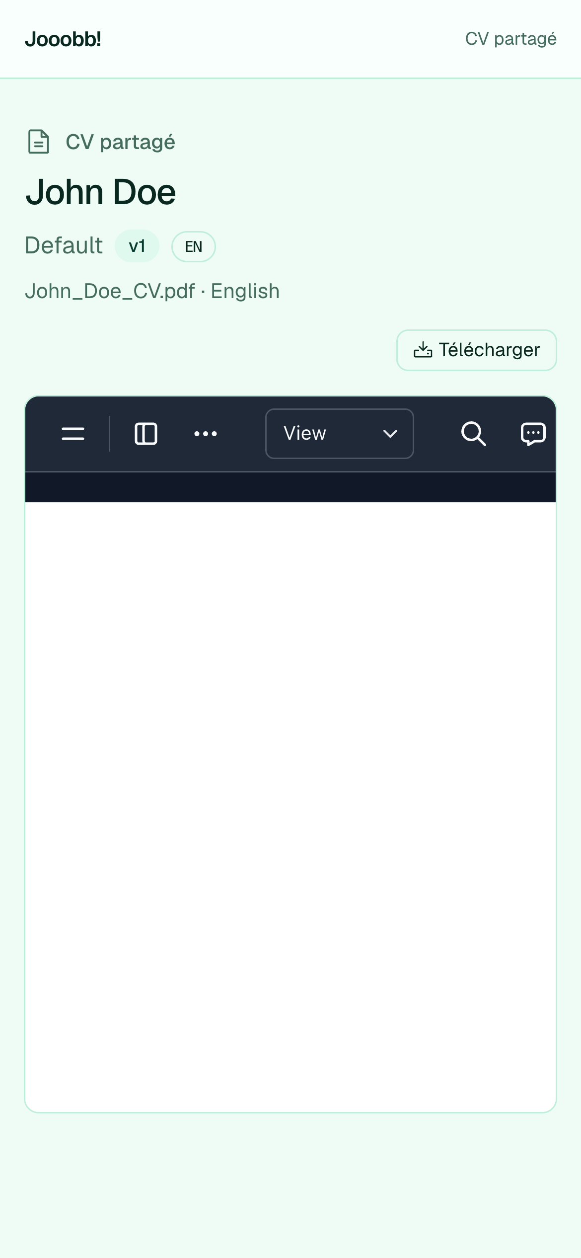Page de partage CV PDF public avec aperçu et téléchargement