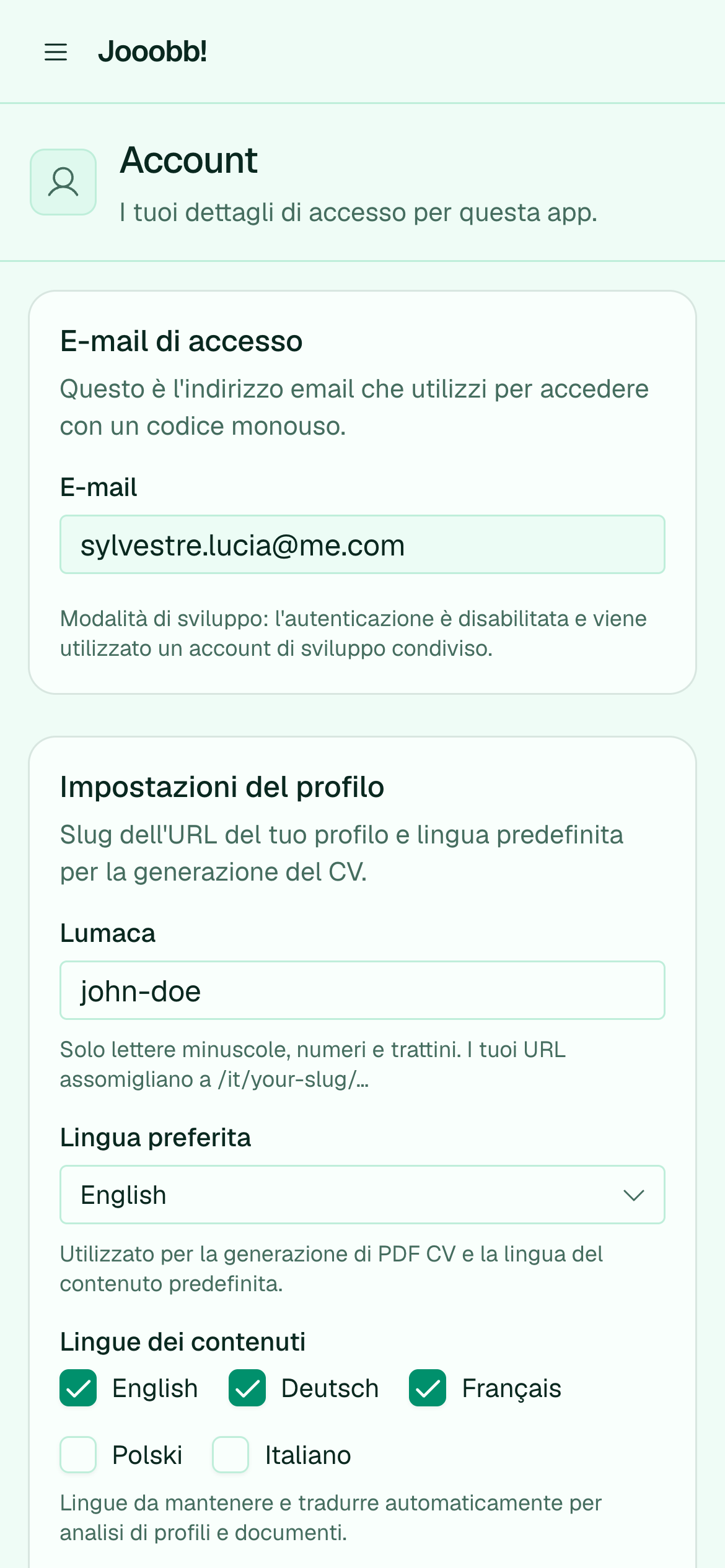 Impostazioni account con locale e email