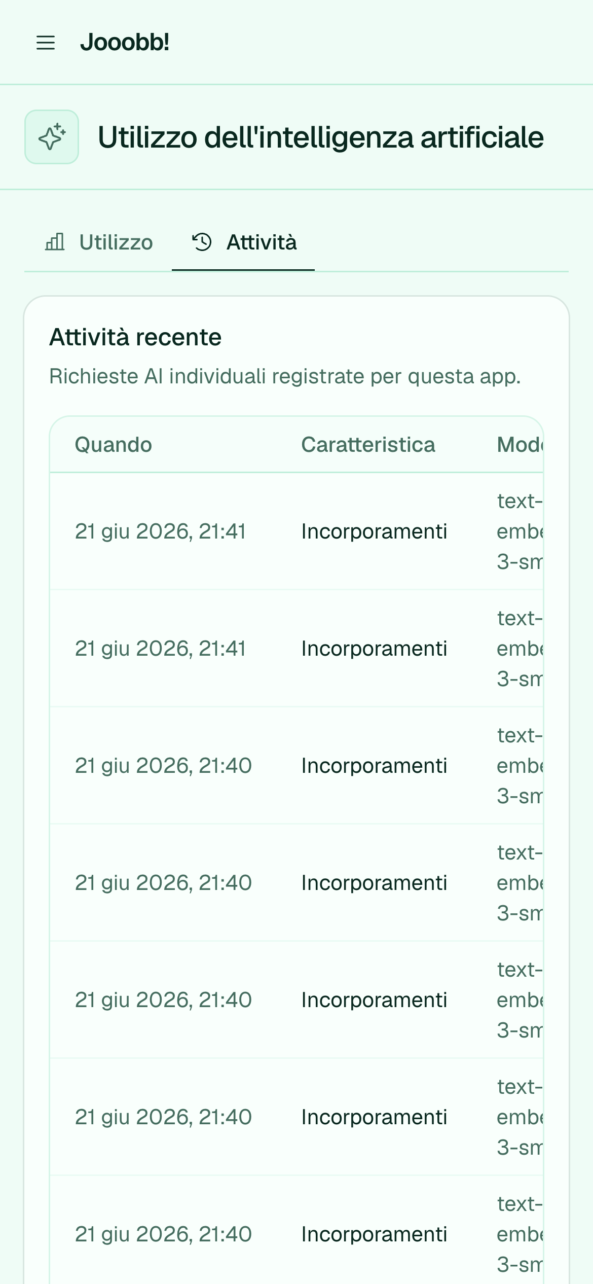 Log attività IA con tipi operazione e stato