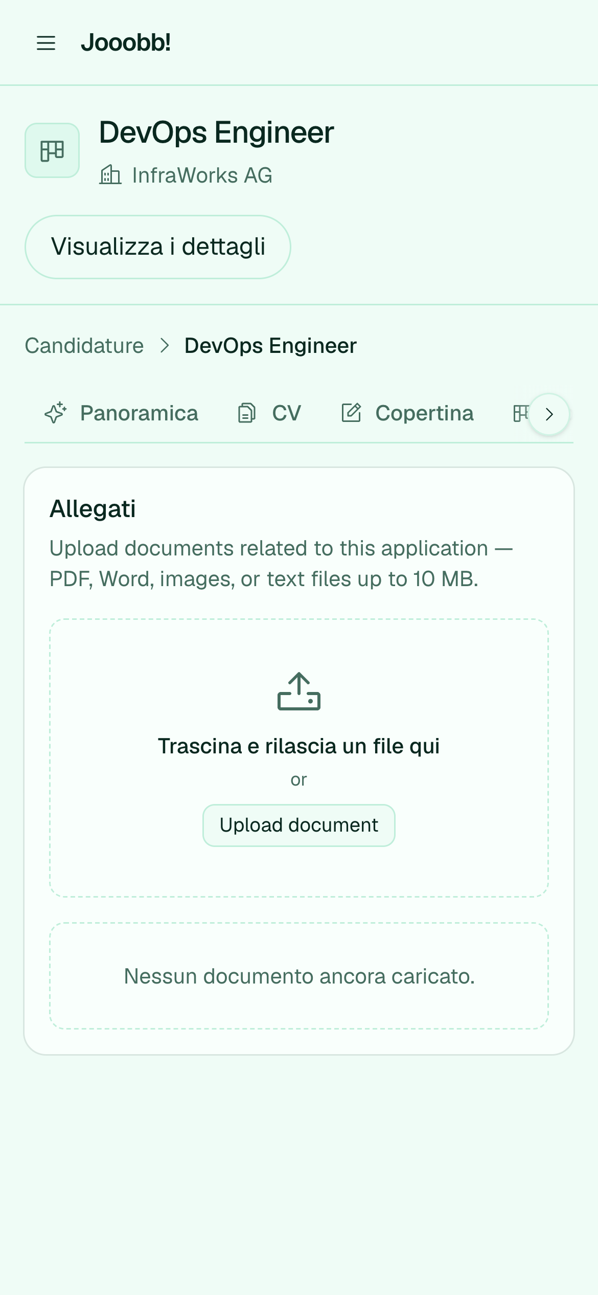 Scheda documenti con analisi IA su una candidatura