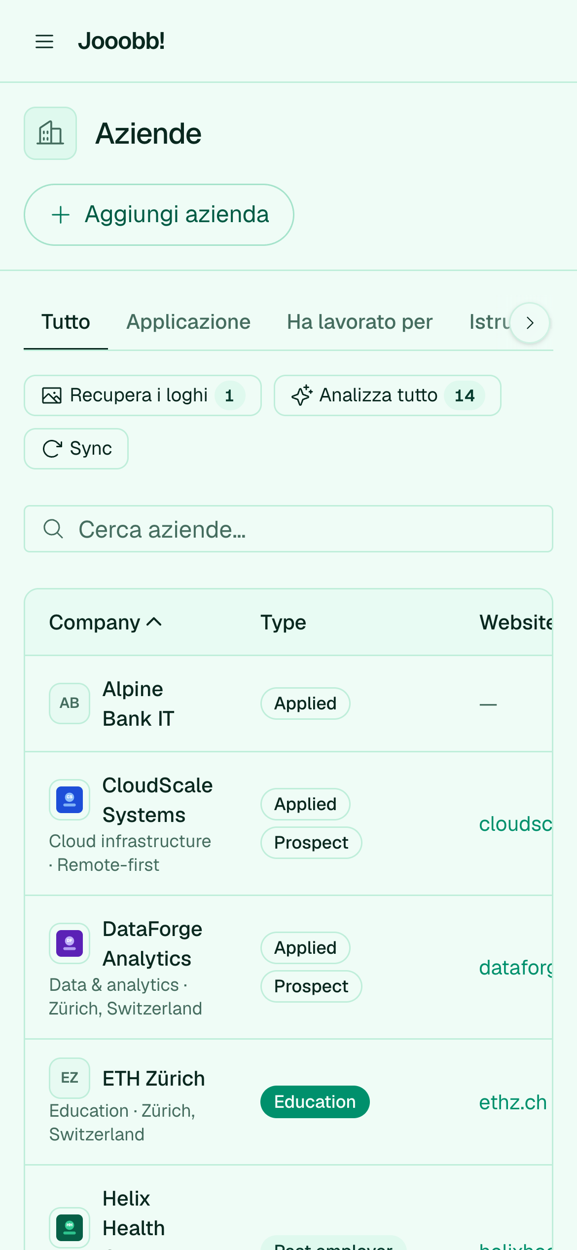 Tutte le aziende nell'elenco CRM