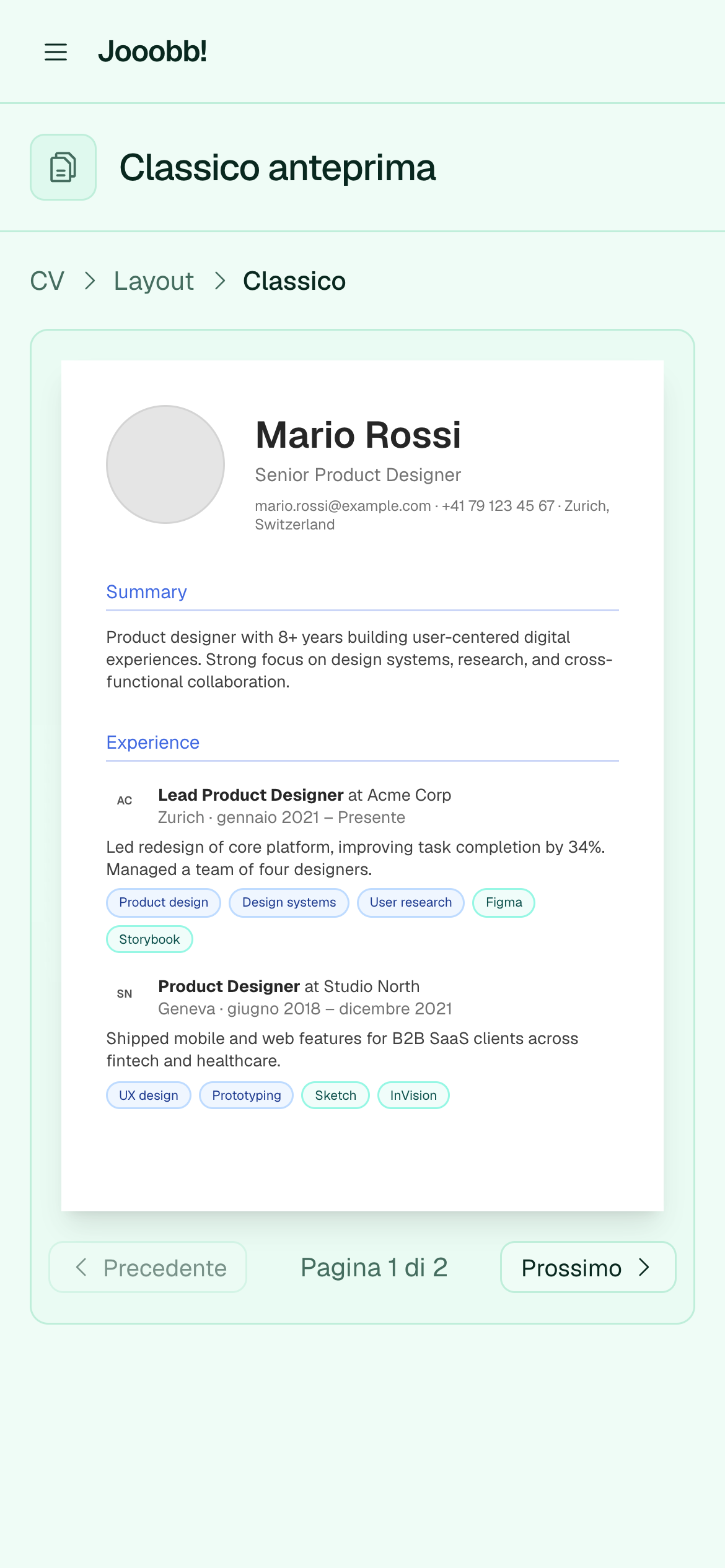 Anteprima layout CV Classic