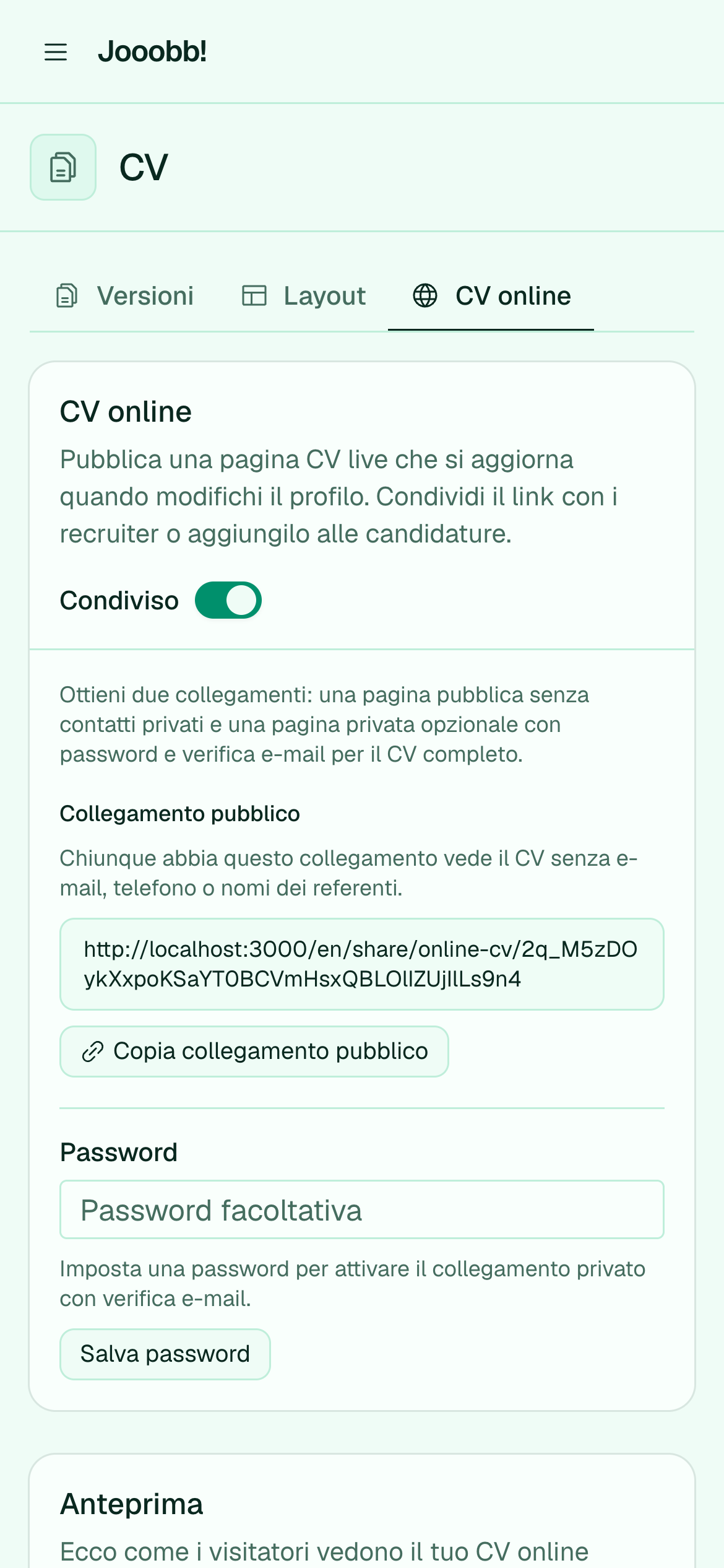 Impostazioni CV online e link anteprima