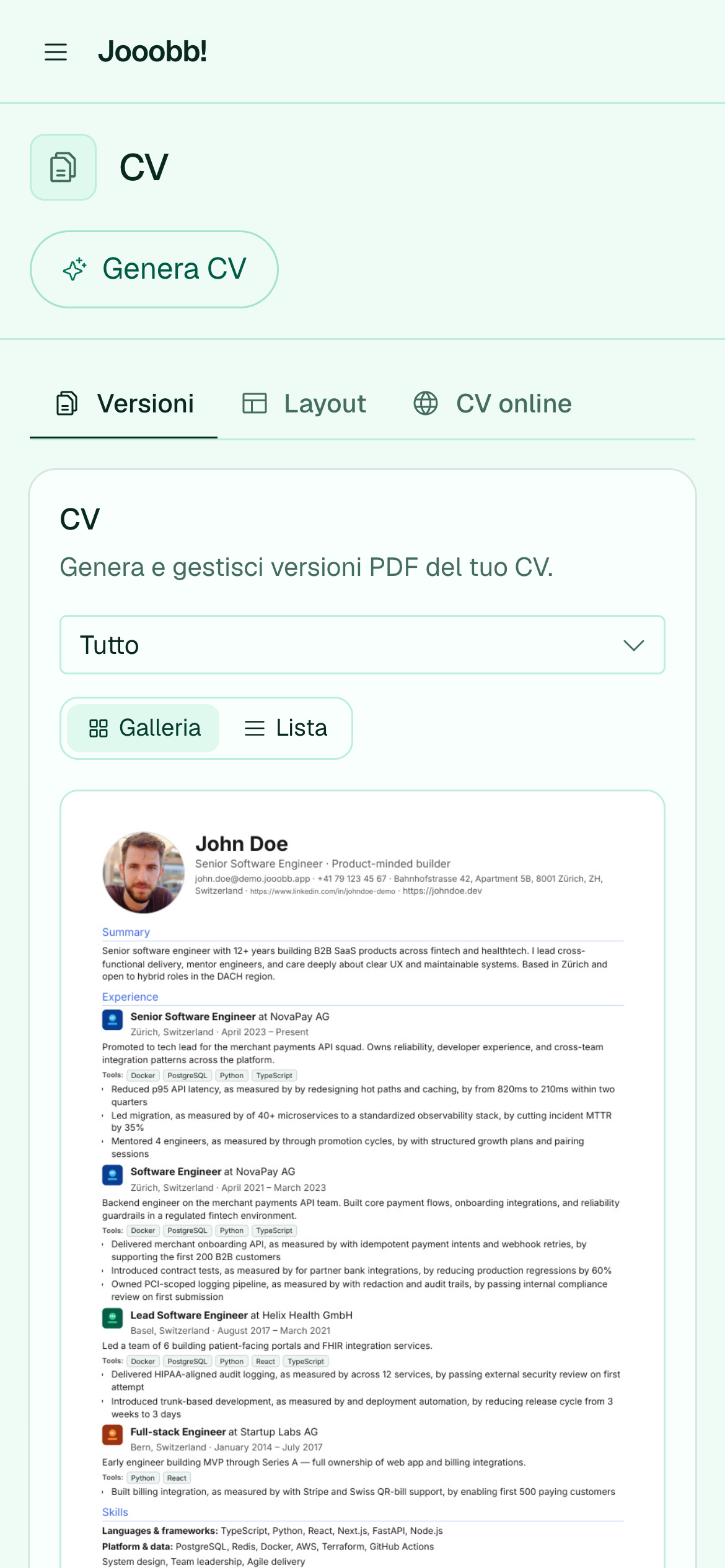 Versioni CV generate salvate