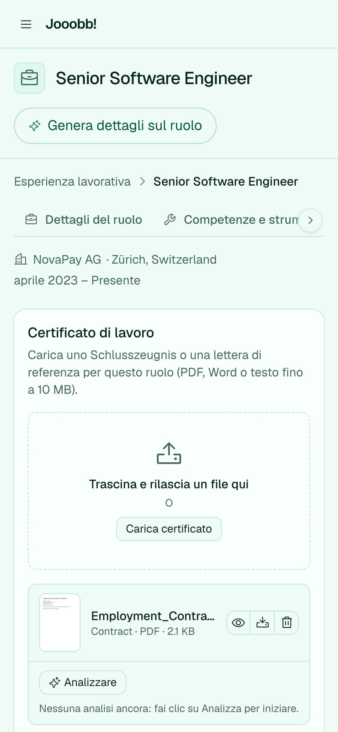 Documenti certificato e referenza su un'esperienza