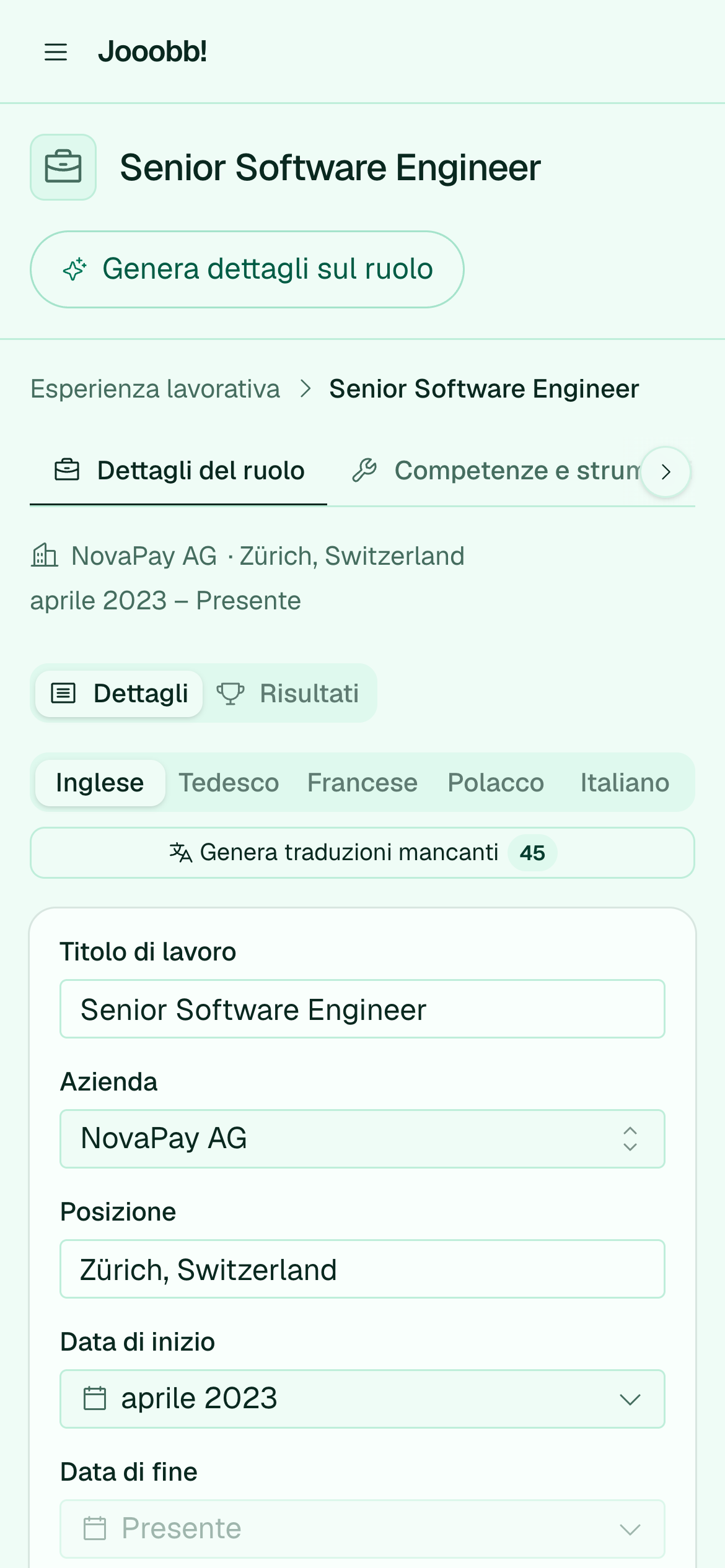 Modifica dettagli ruolo di un'esperienza lavorativa