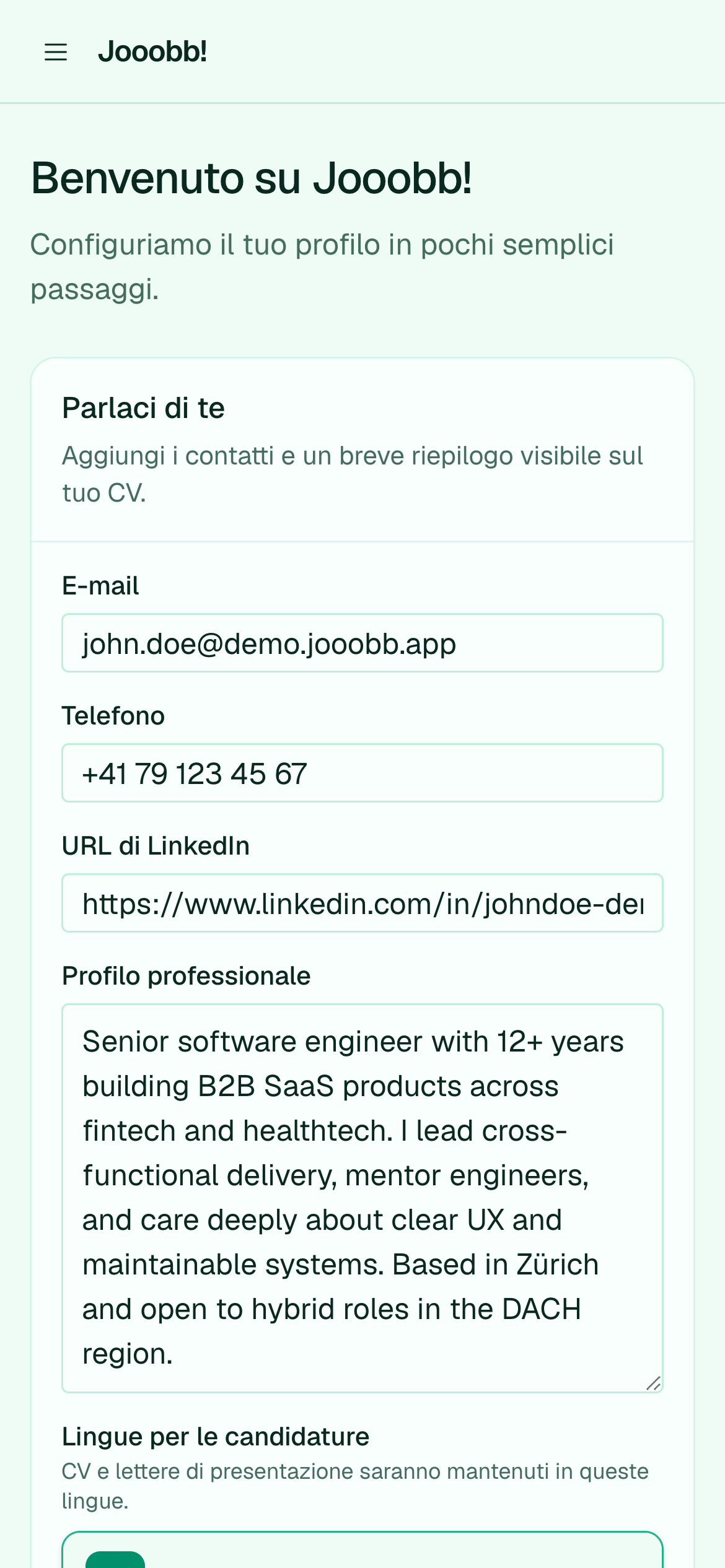 Passo onboarding basi con campi contatto e sintesi