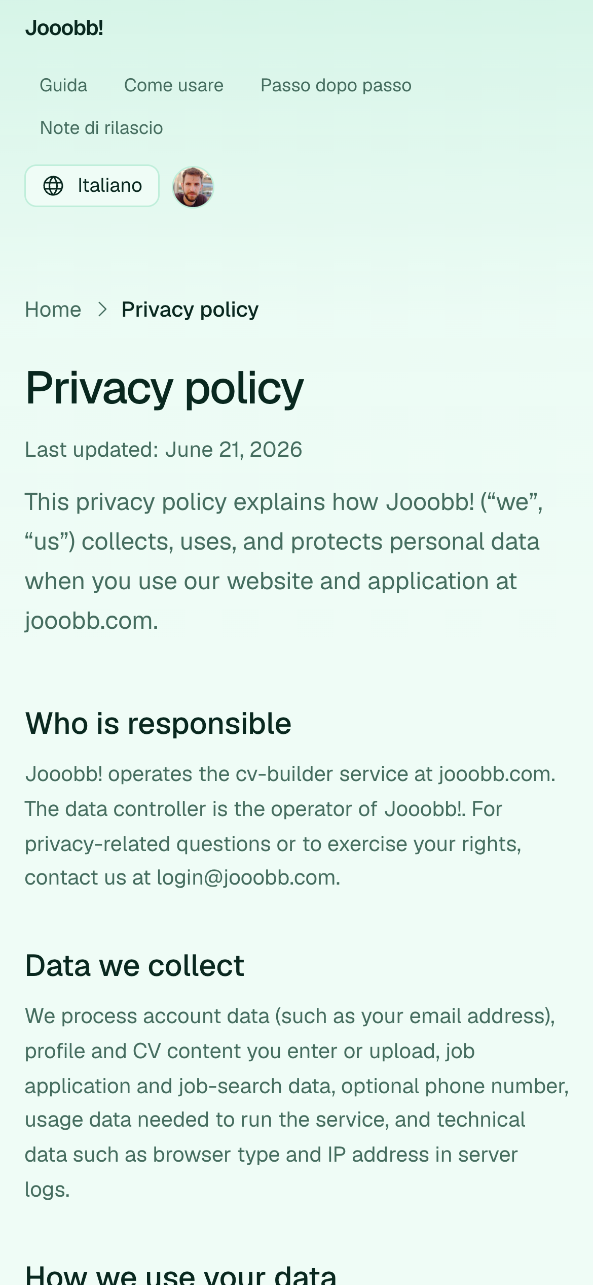 Pagina pubblica informativa privacy