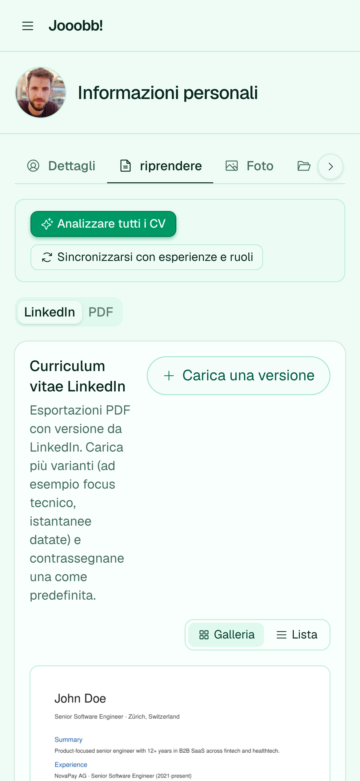 Import CV LinkedIn e analisi link pubblici nella scheda CV profilo