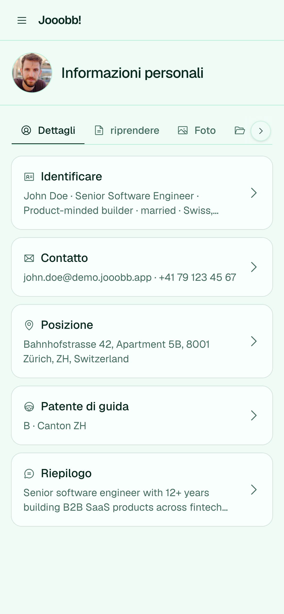 Sezioni identità e sintesi nei dati personali